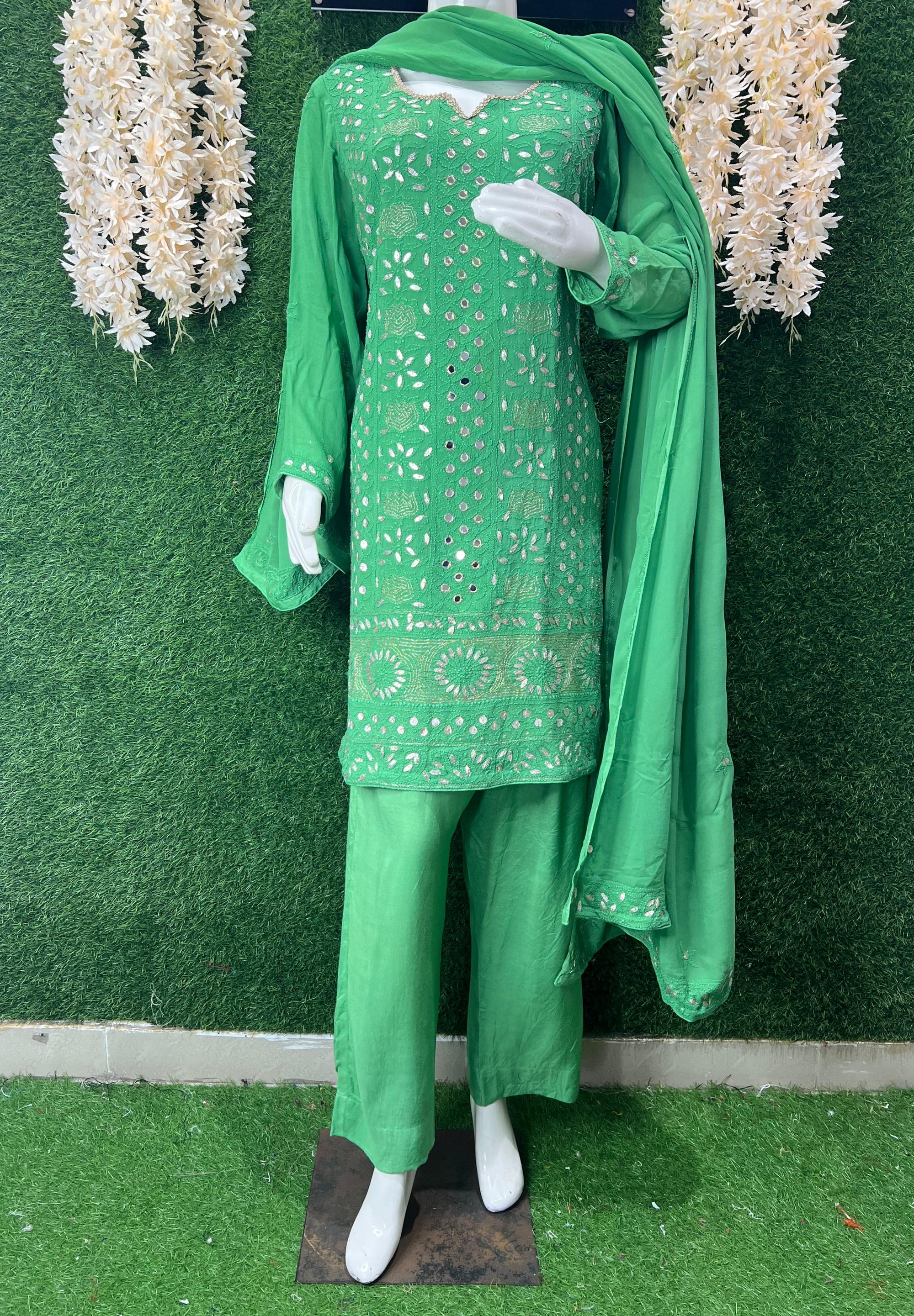 Green Lucknowi Chikankari Suit Set with Real Mirror & Gota Work