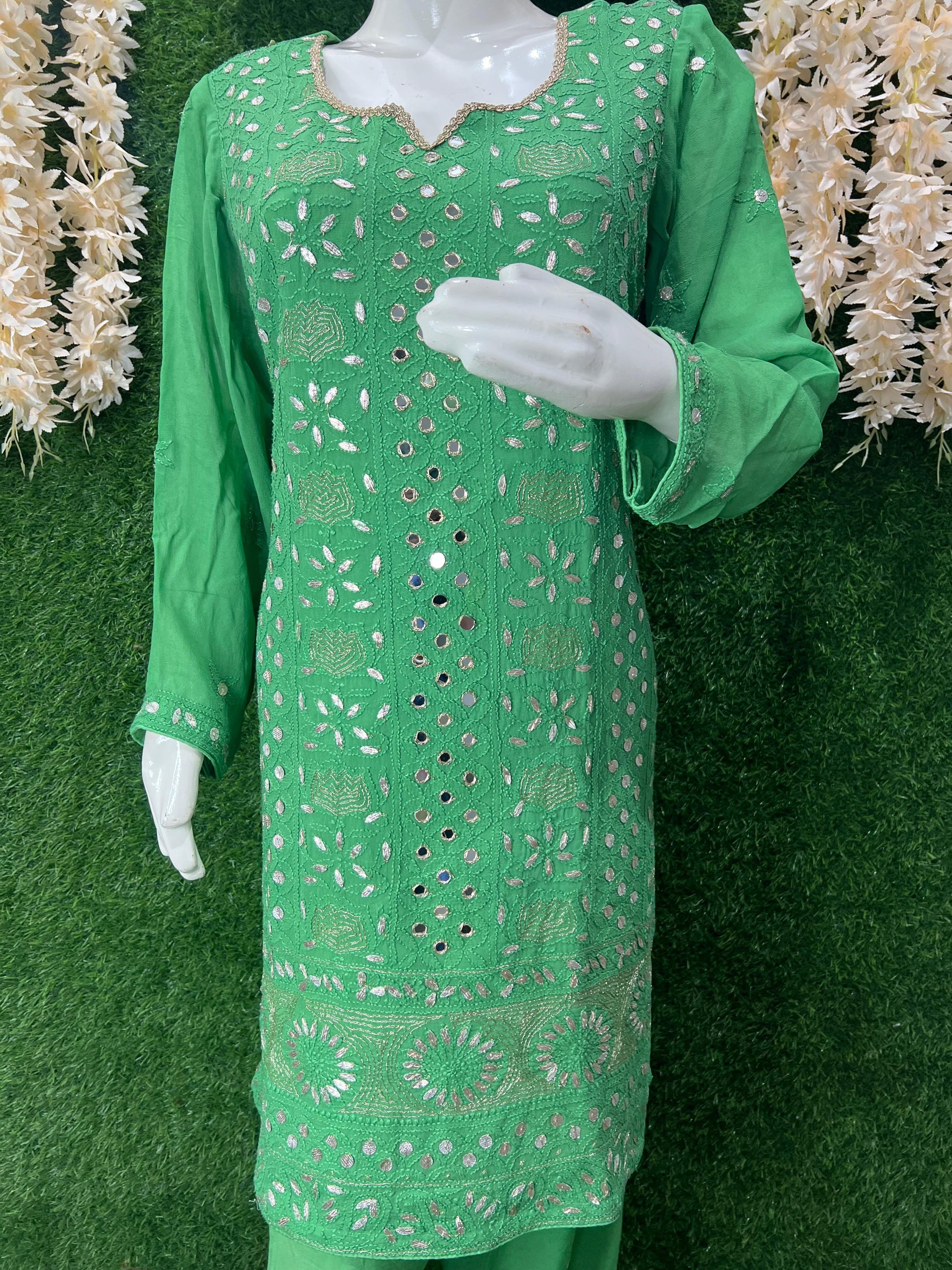 Green Lucknowi Chikankari Suit Set with Real Mirror & Gota Work