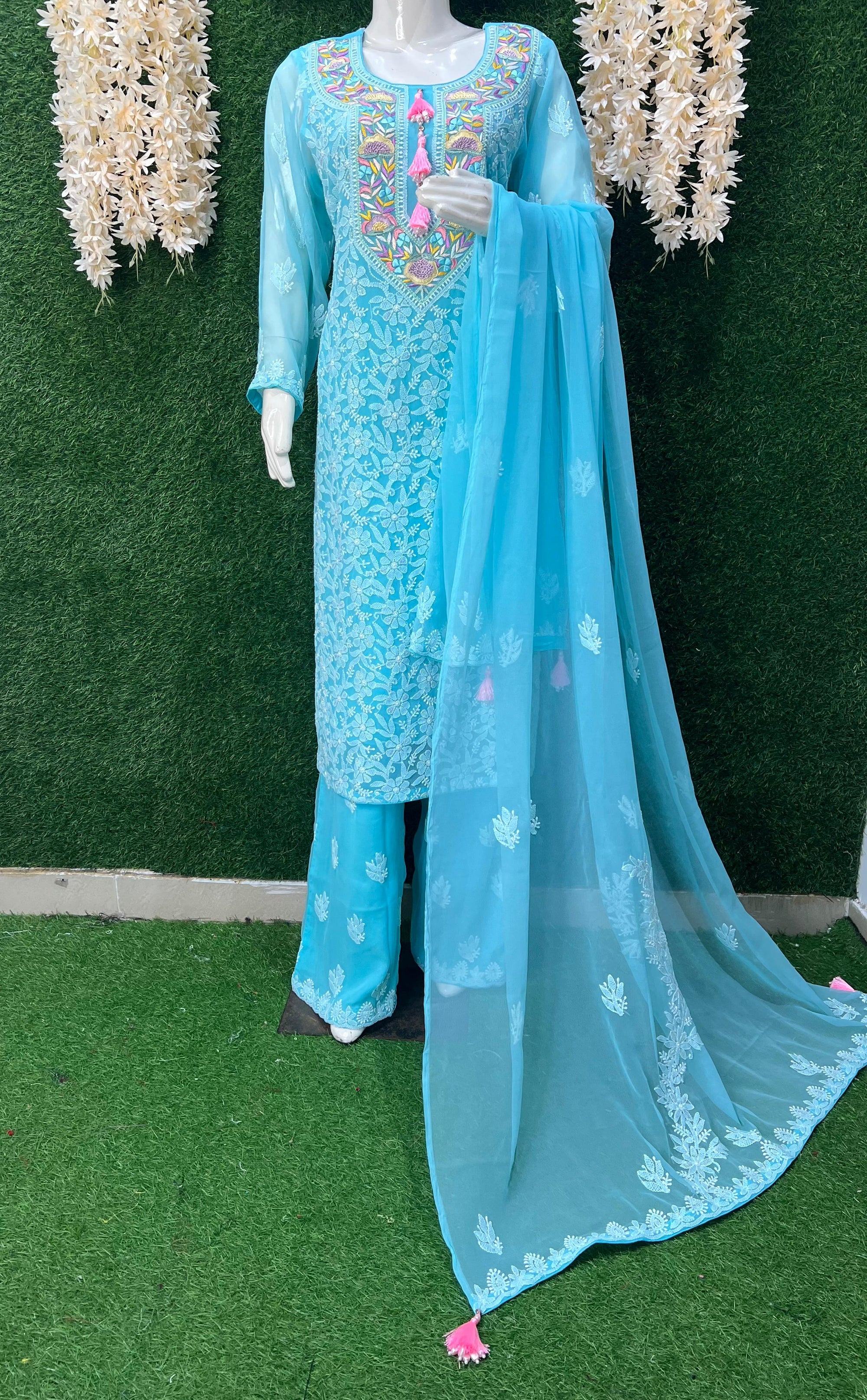 Lucknowi Chikankari Kurta Set with Dupatta – Parsi Gara Embroidered Neckline