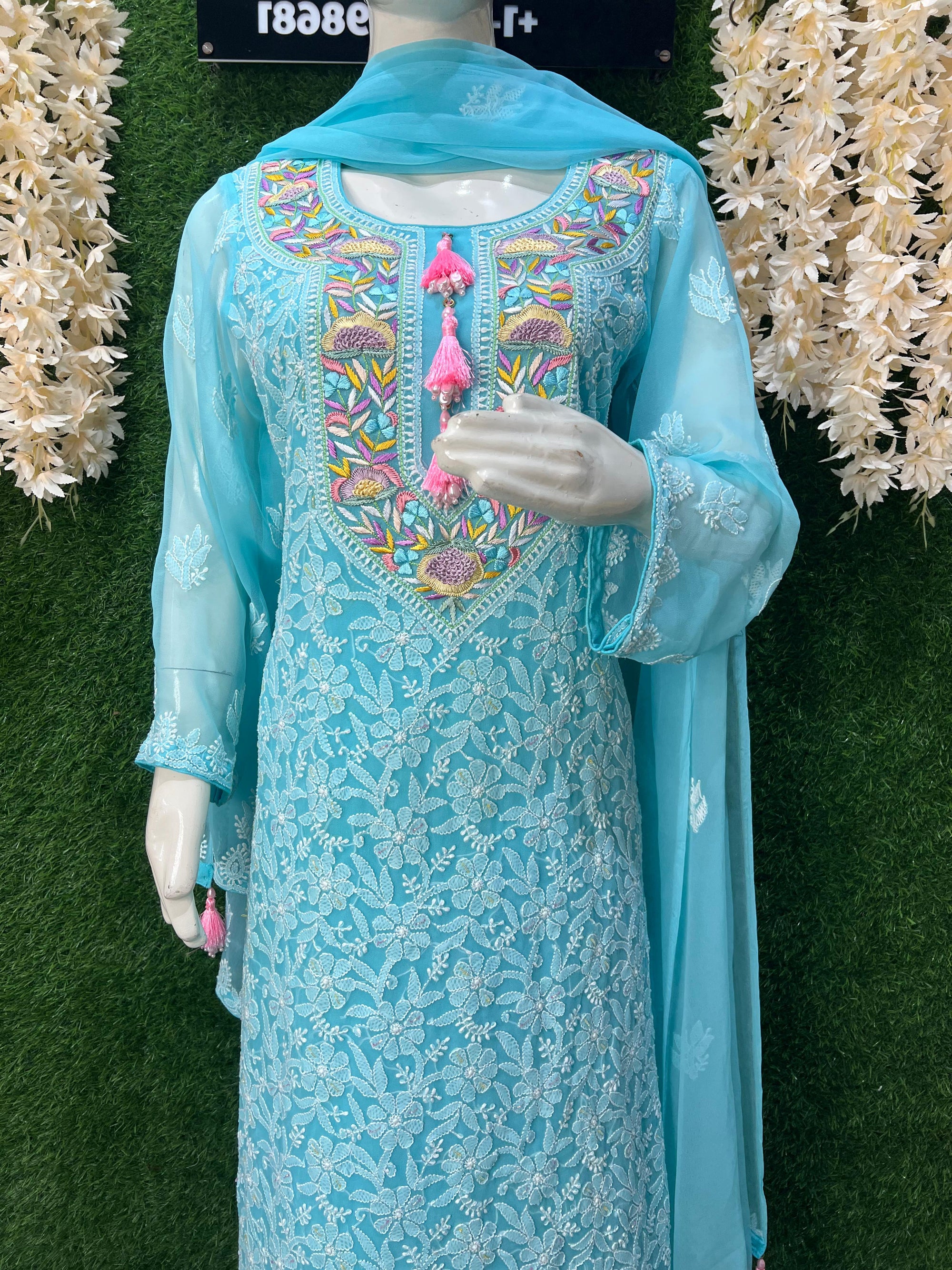 Lucknowi Chikankari Kurta Set with Dupatta – Parsi Gara Embroidered Neckline