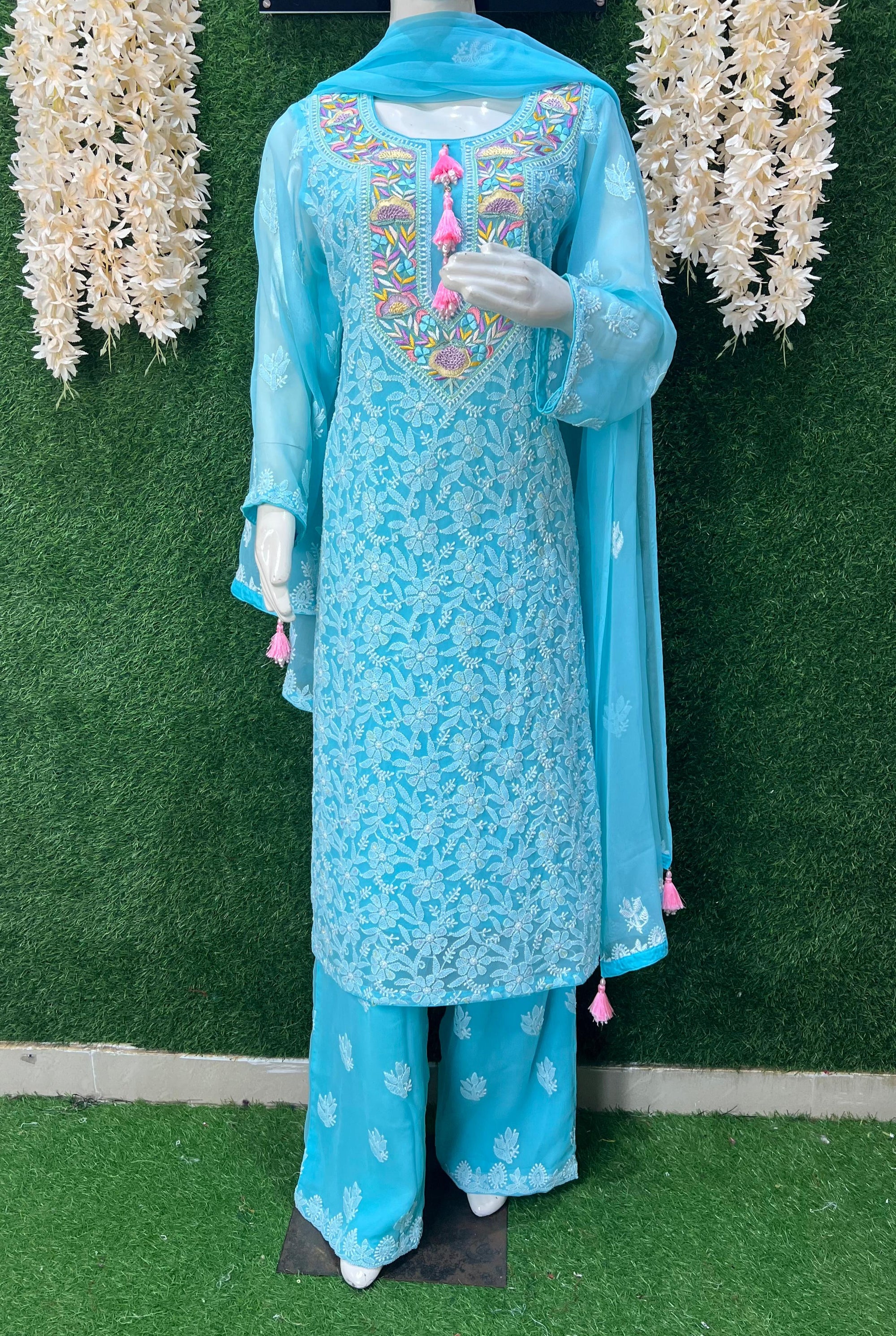 Lucknowi Chikankari Kurta Set with Dupatta – Parsi Gara Embroidered Neckline