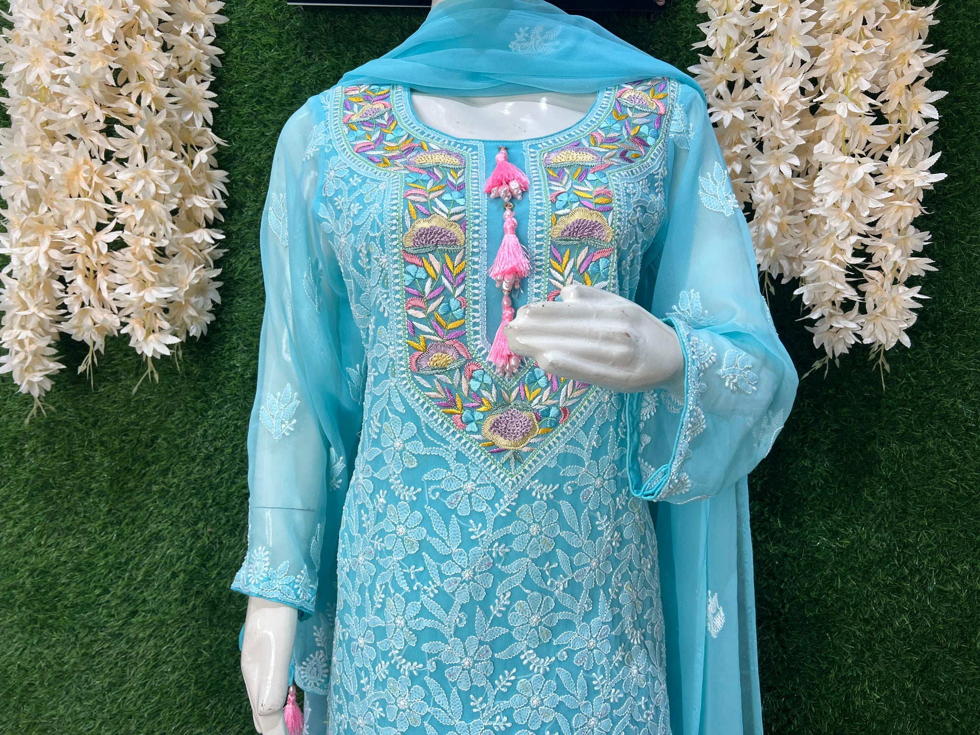 Lucknowi Chikankari Kurta Set with Dupatta – Parsi Gara Embroidered Neckline