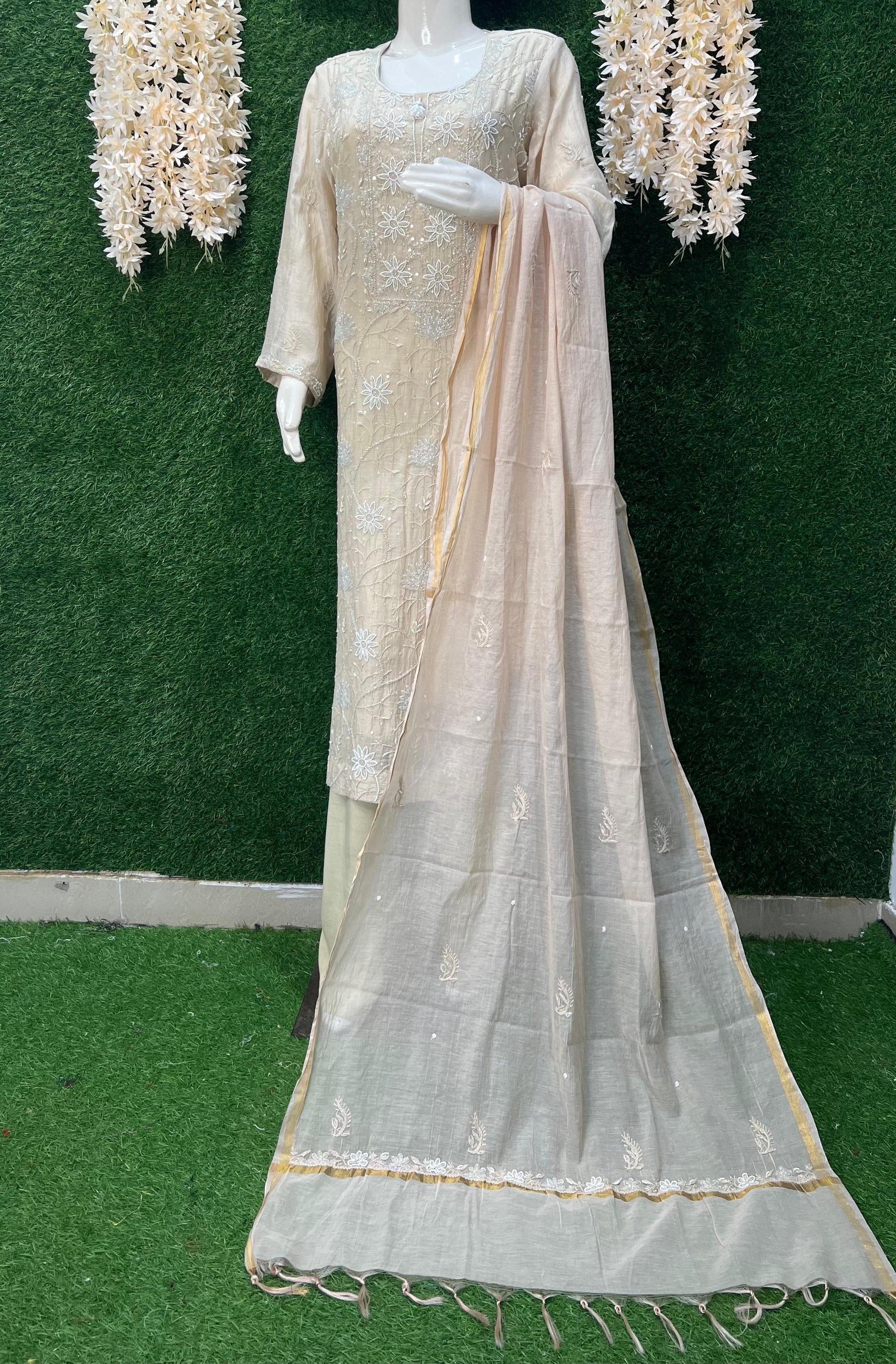 Mul Chanderi Lucknowi Chikankari Suit Set with Handwork & White Pulp Detailing