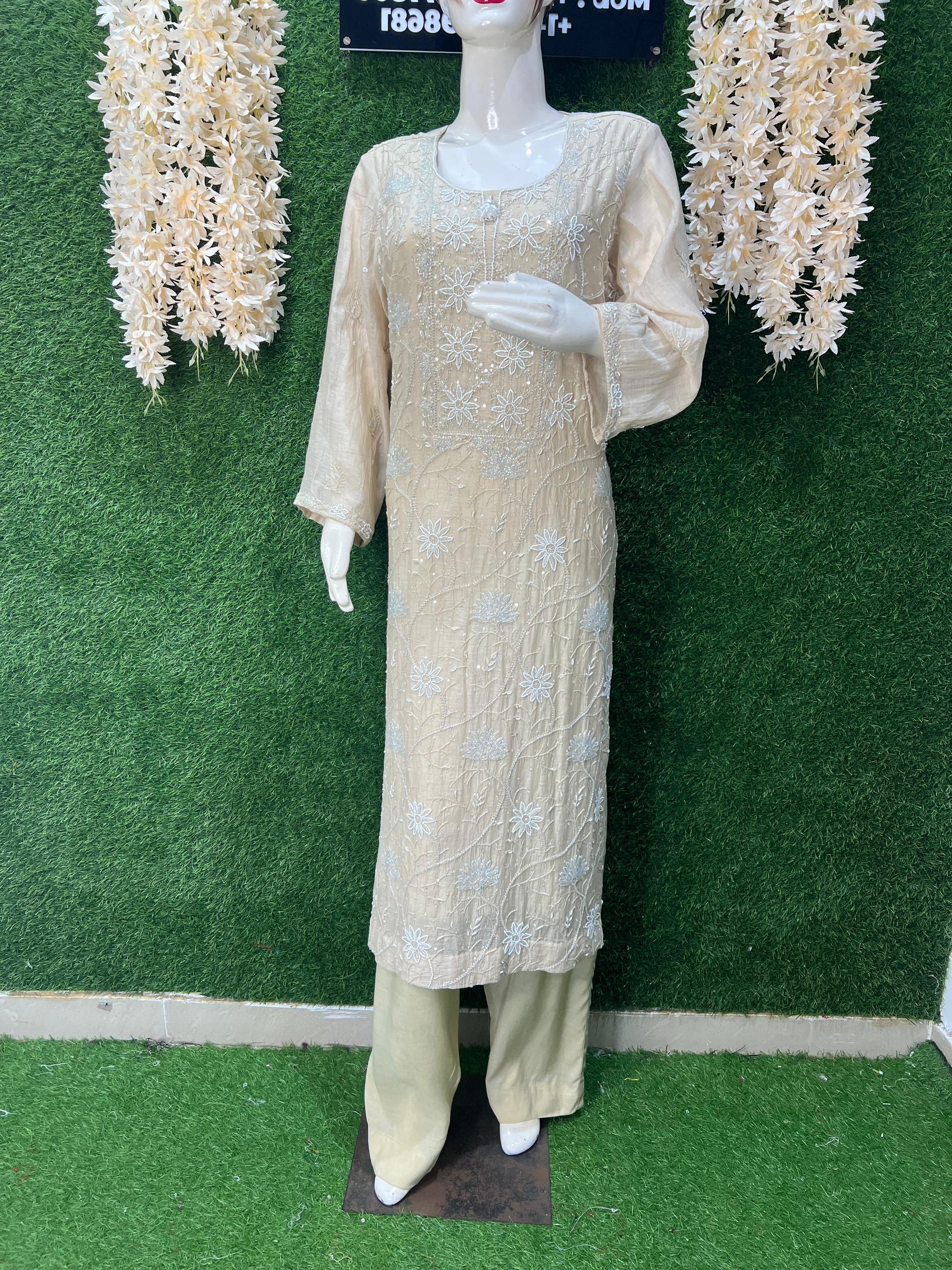 Mul Chanderi Lucknowi Chikankari Suit Set with Handwork & White Pulp Detailing