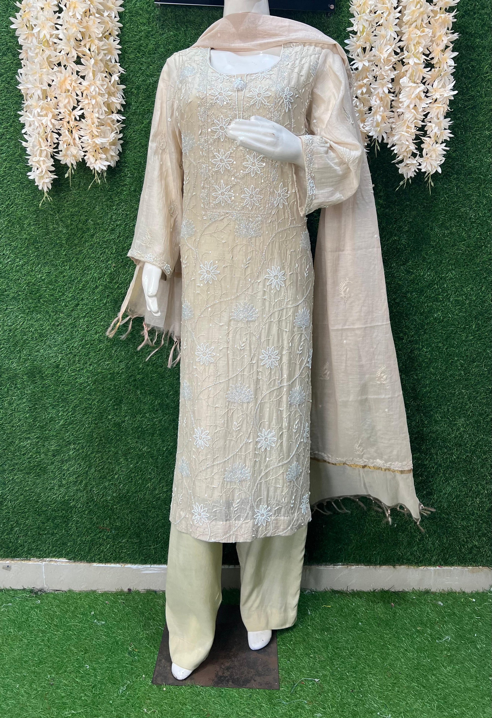 Mul Chanderi Lucknowi Chikankari Suit Set with Handwork & White Pulp Detailing