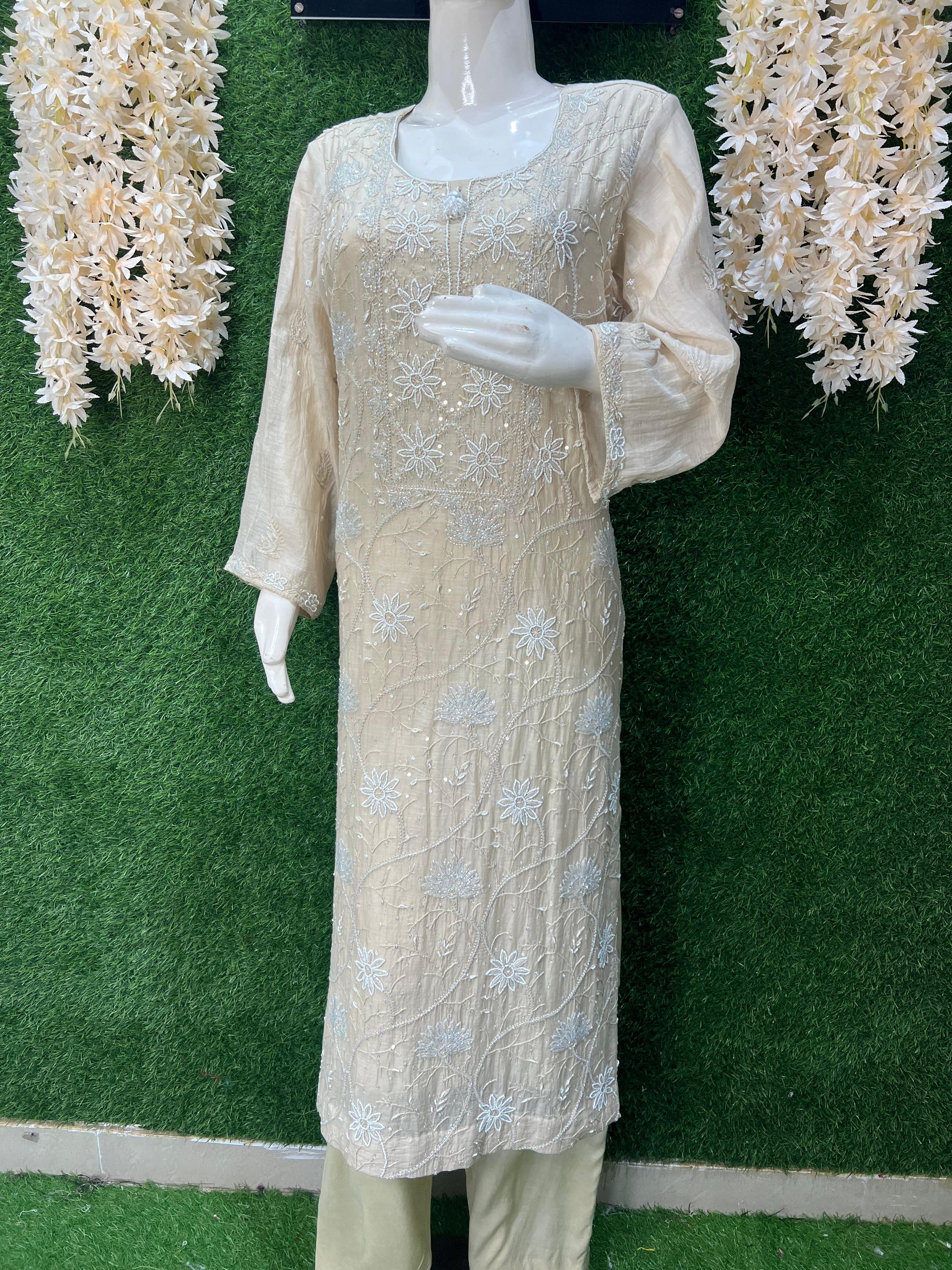 Mul Chanderi Lucknowi Chikankari Suit Set with Handwork & White Pulp Detailing