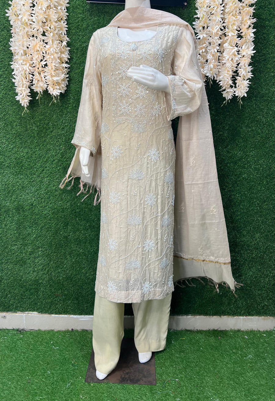 Mul Chanderi Lucknowi Chikankari Suit Set with Handwork & White Pulp Detailing