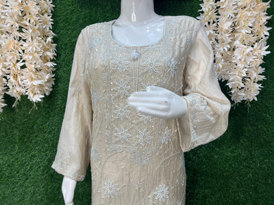 Mul Chanderi Lucknowi Chikankari Suit Set with Handwork & White Pulp Detailing
