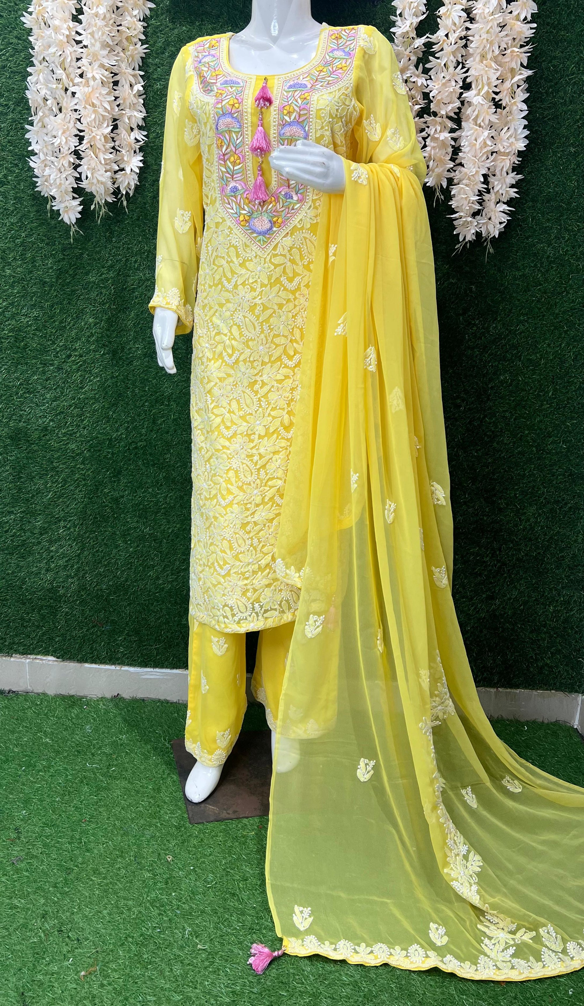 Lucknowi Chikankari Kurta Set with Dupatta – Parsi Gara Embroidered Neckline