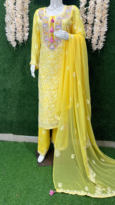 Lucknowi Chikankari Kurta Set with Dupatta – Parsi Gara Embroidered Neckline