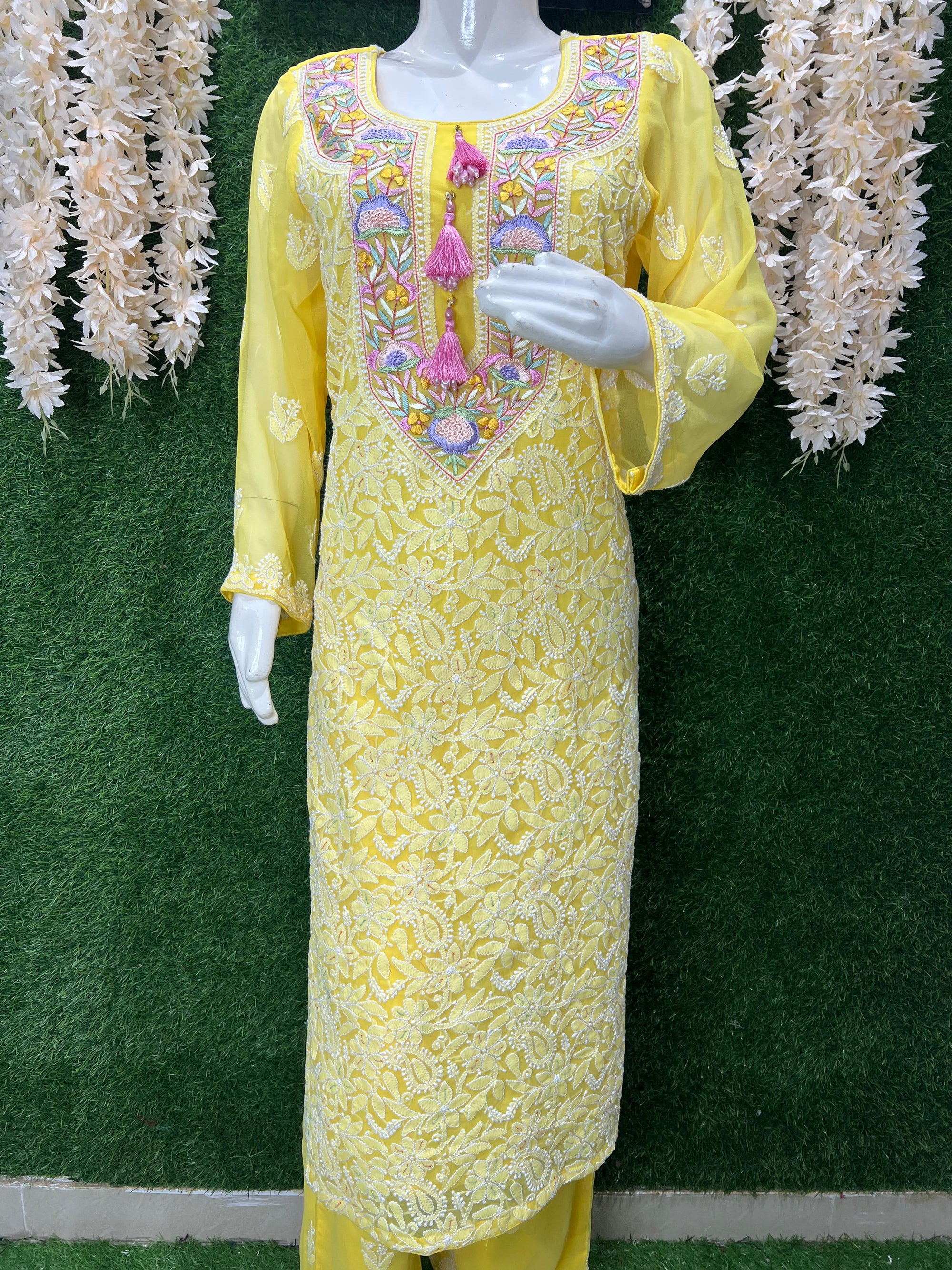 Lucknowi Chikankari Kurta Set with Dupatta – Parsi Gara Embroidered Neckline