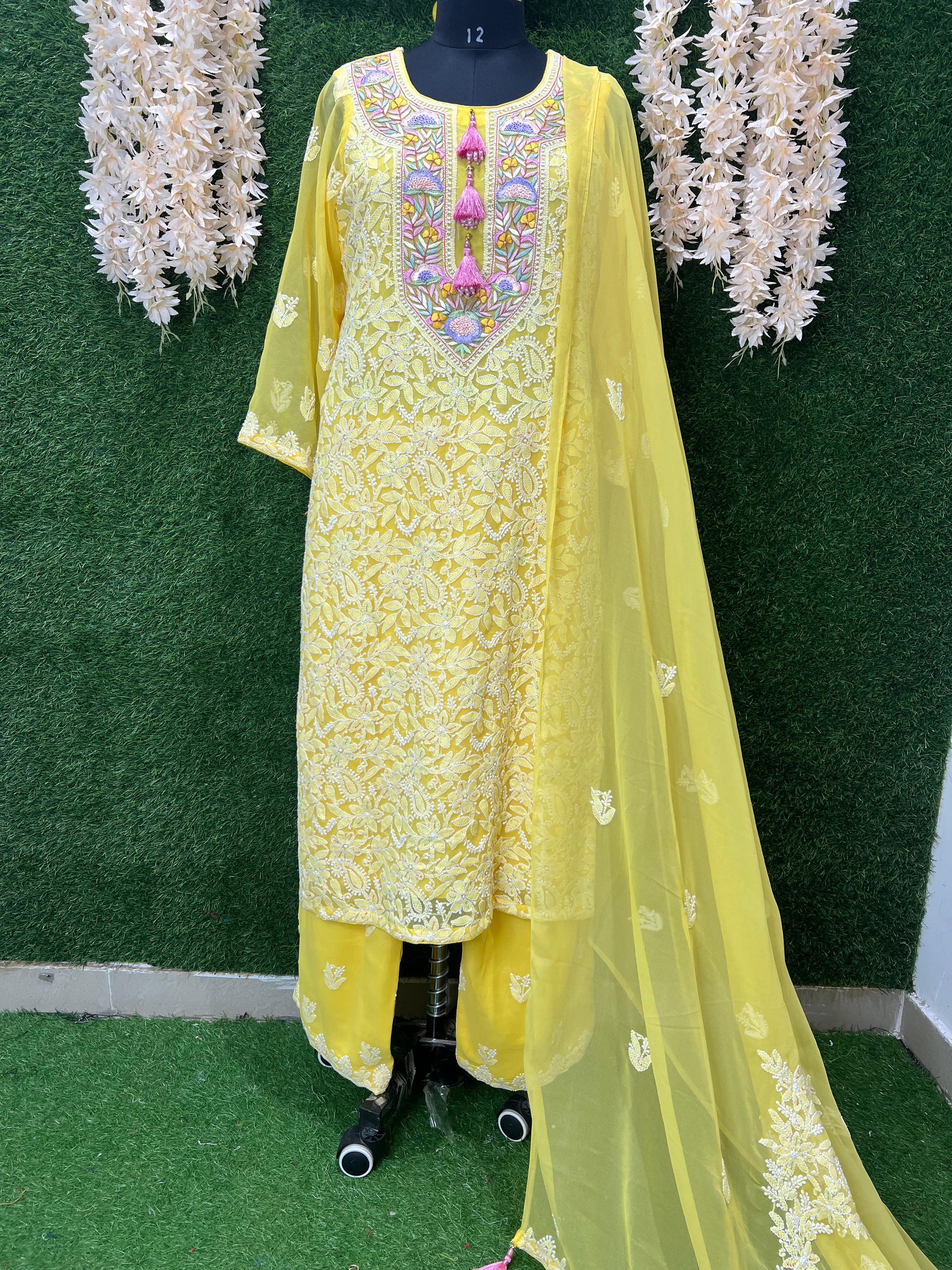 Lucknowi Chikankari Kurta Set with Dupatta – Parsi Gara Embroidered Neckline