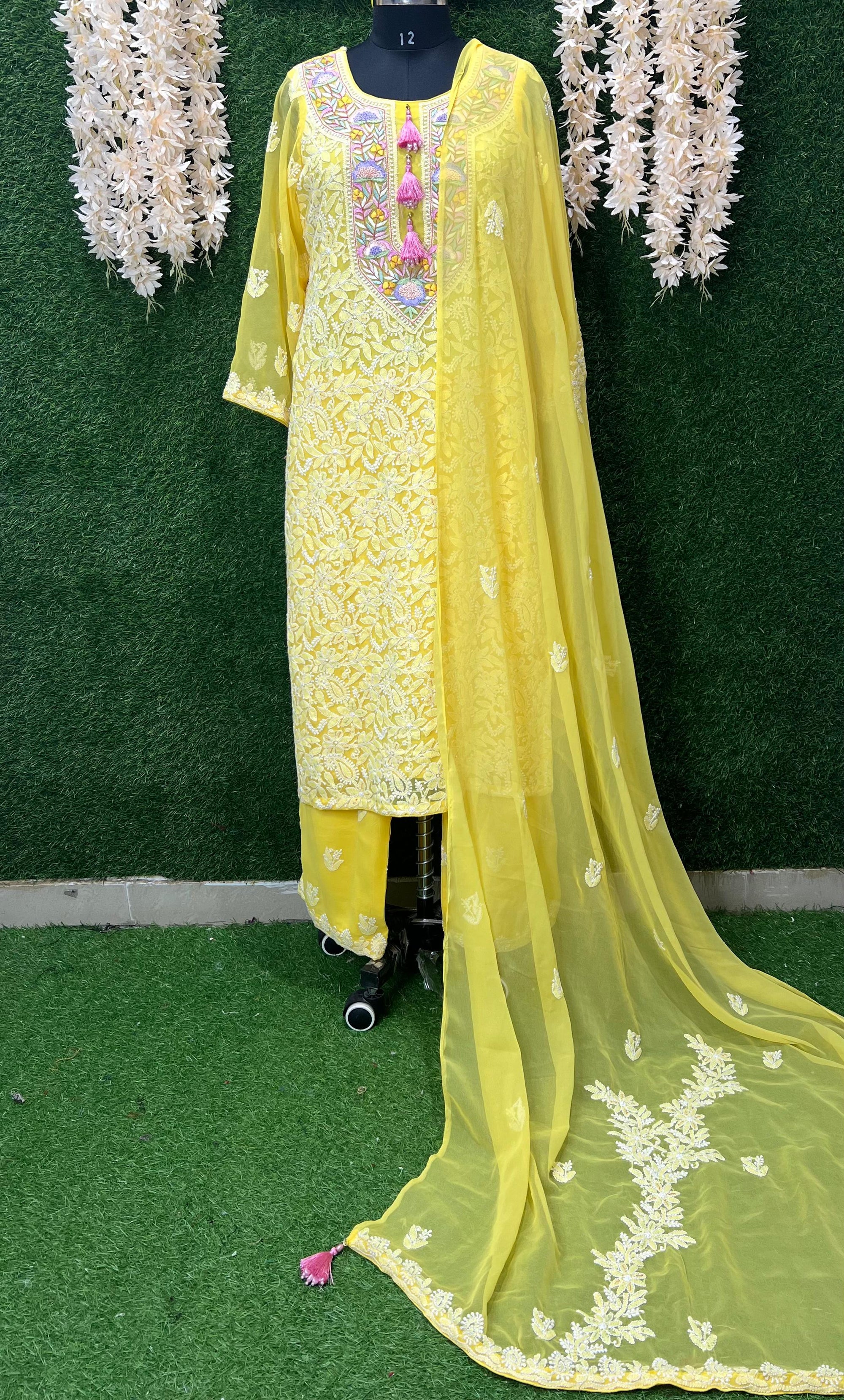 Lucknowi Chikankari Kurta Set with Dupatta – Parsi Gara Embroidered Neckline