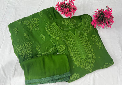 Lucknowi Chikankari Viscose 3D Rose Handwork Suit Set