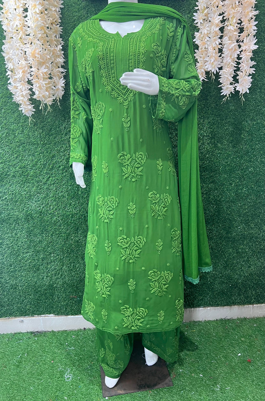 Lucknowi Chikankari Viscose 3D Rose Handwork Suit Set