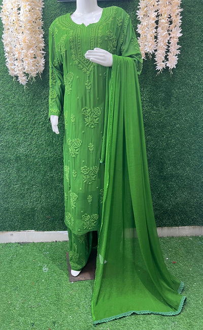 Lucknowi Chikankari Viscose 3D Rose Handwork Suit Set