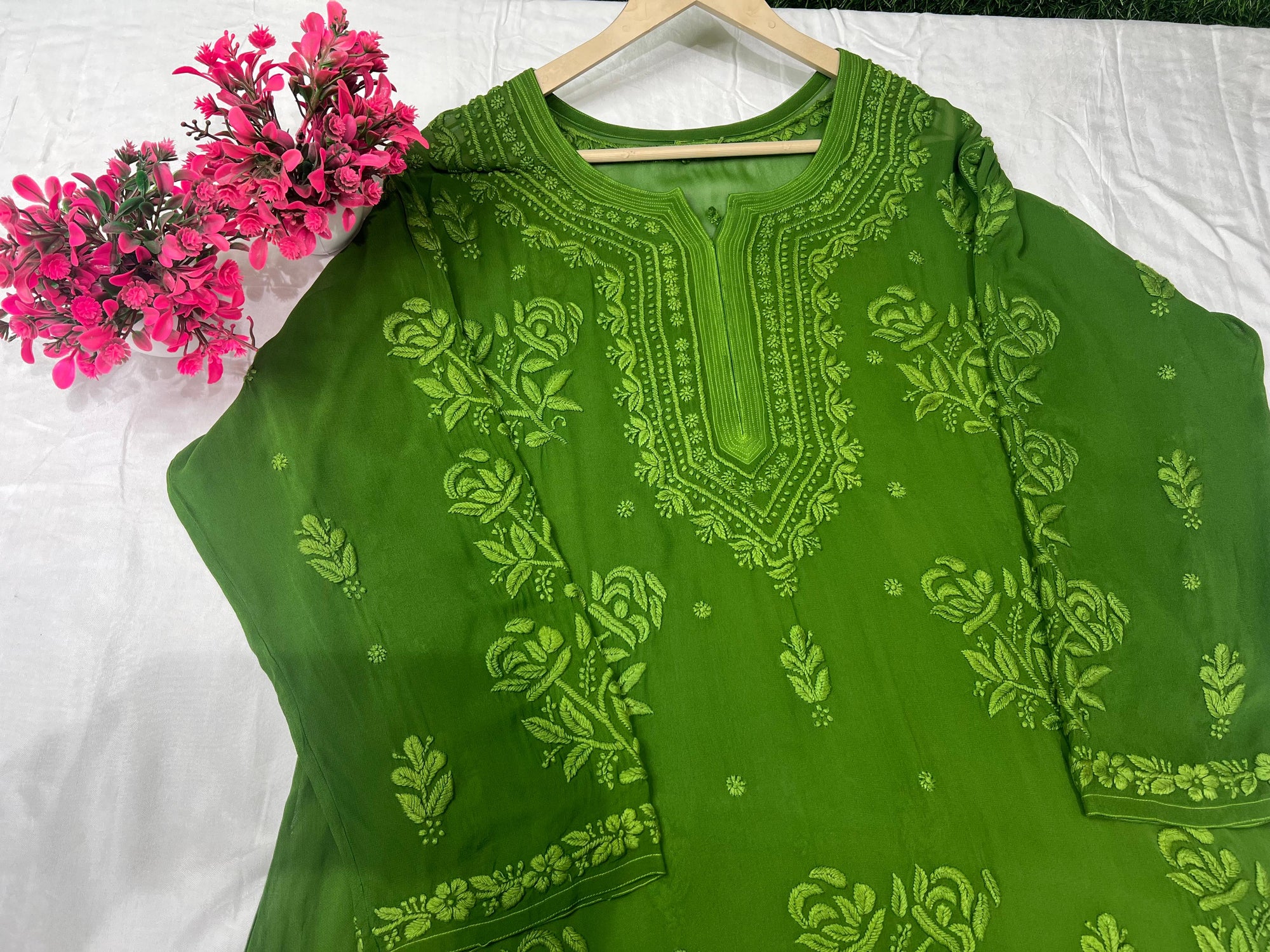 Lucknowi Chikankari Viscose 3D Rose Handwork Suit Set