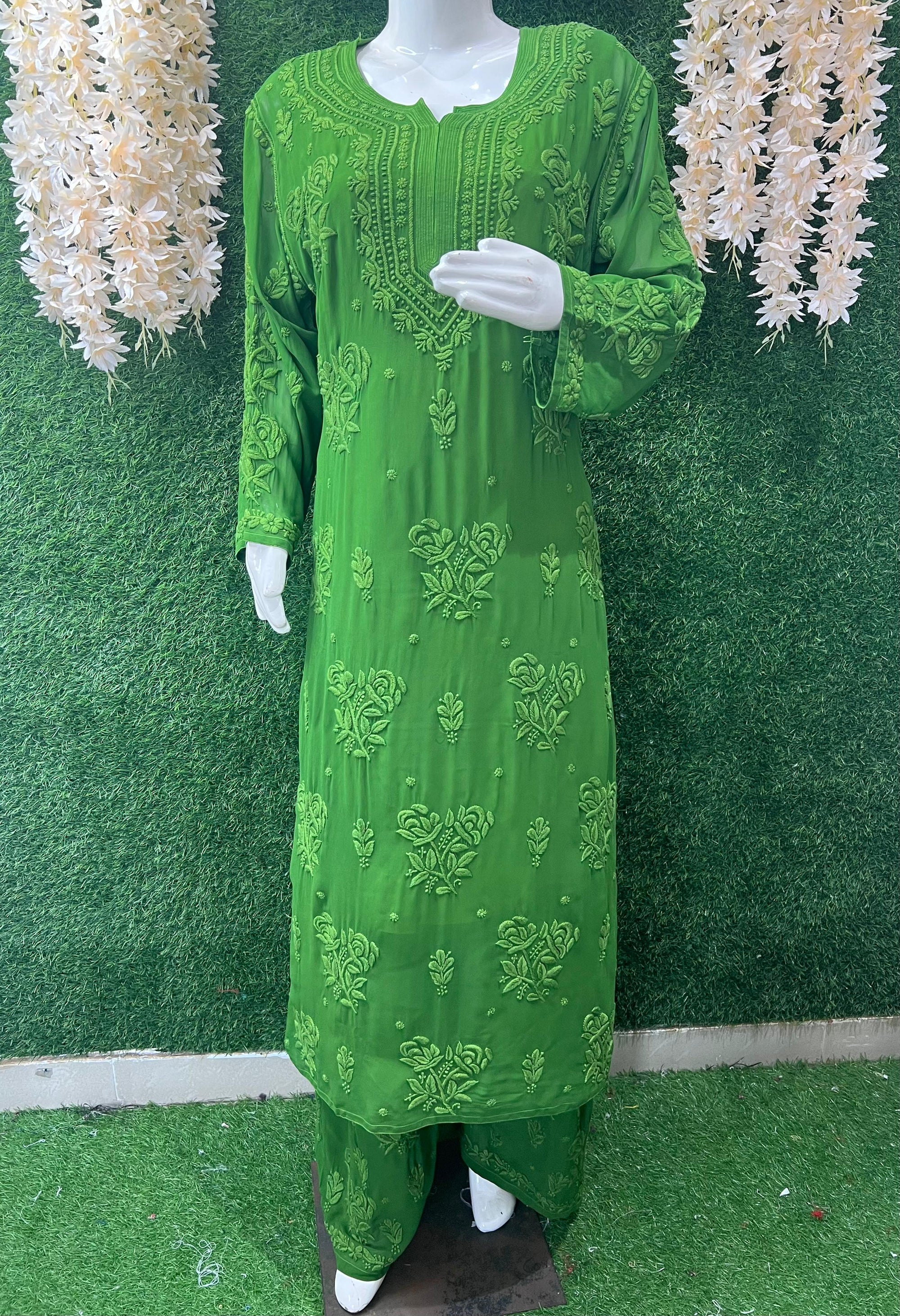 Lucknowi Chikankari Viscose 3D Rose Handwork Suit Set