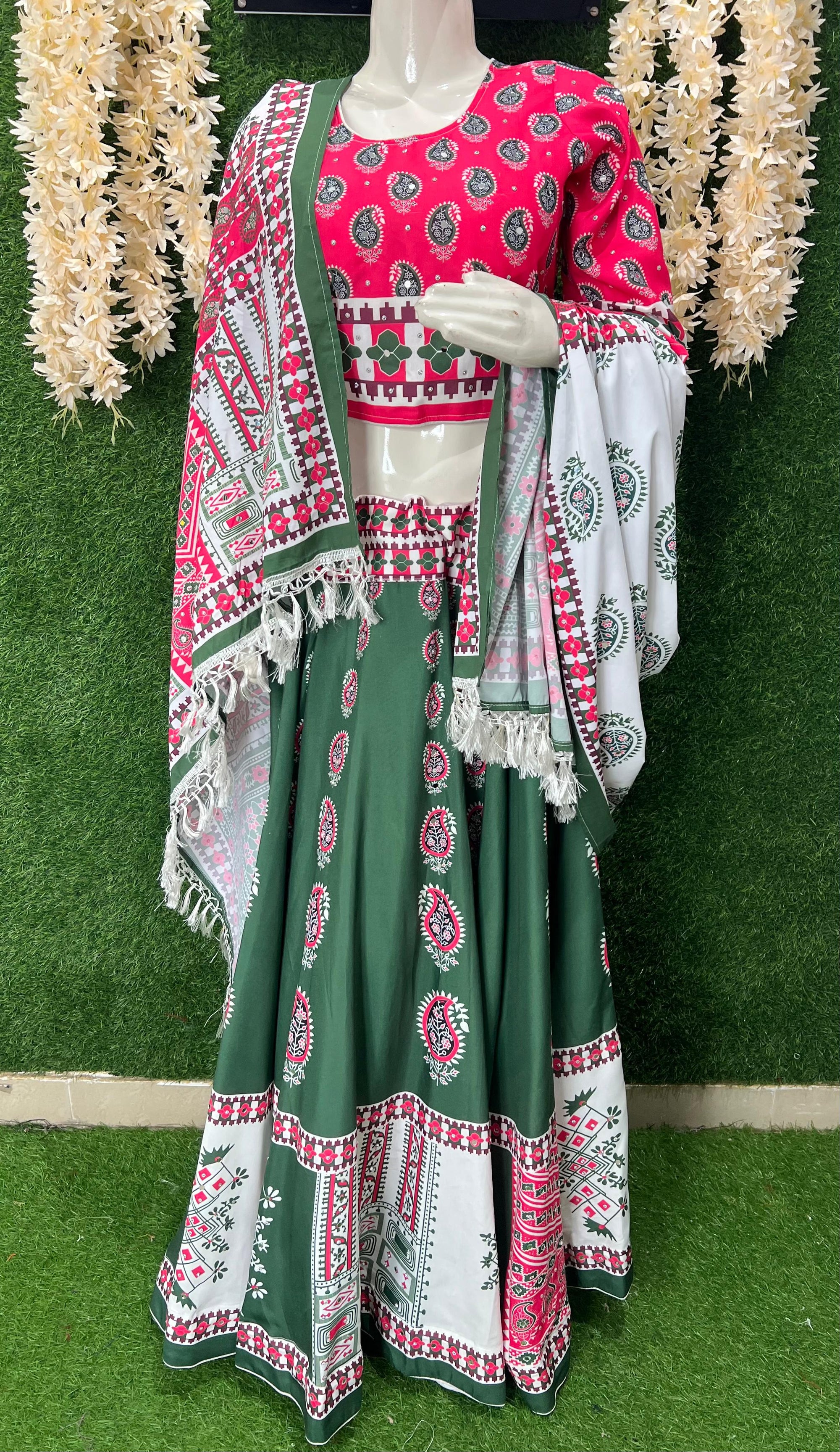 Traditional Green & Pink Ajrakh Printed Caniya Choli with Dupatta – Festive Wear for Women