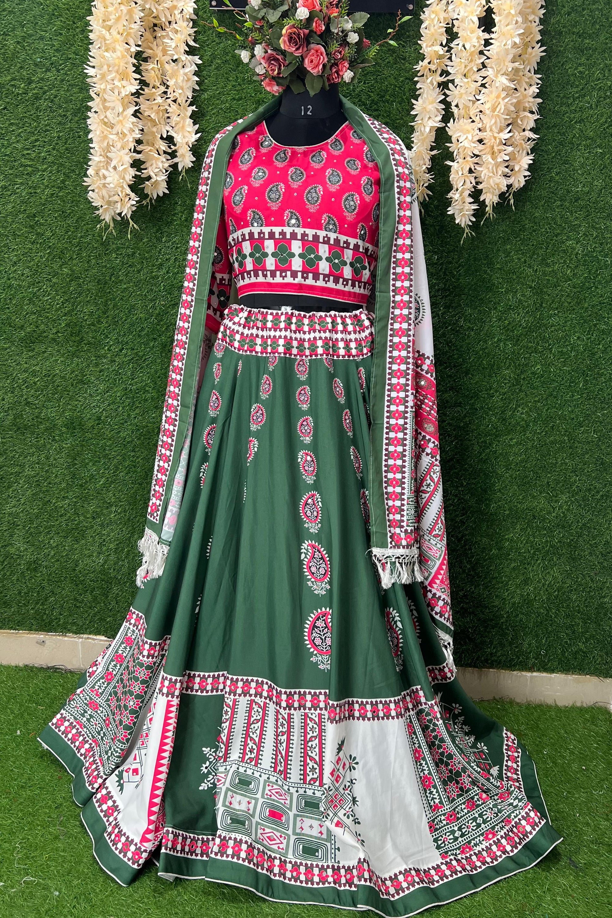 Traditional Green & Pink Ajrakh Printed Caniya Choli with Dupatta – Festive Wear for Women
