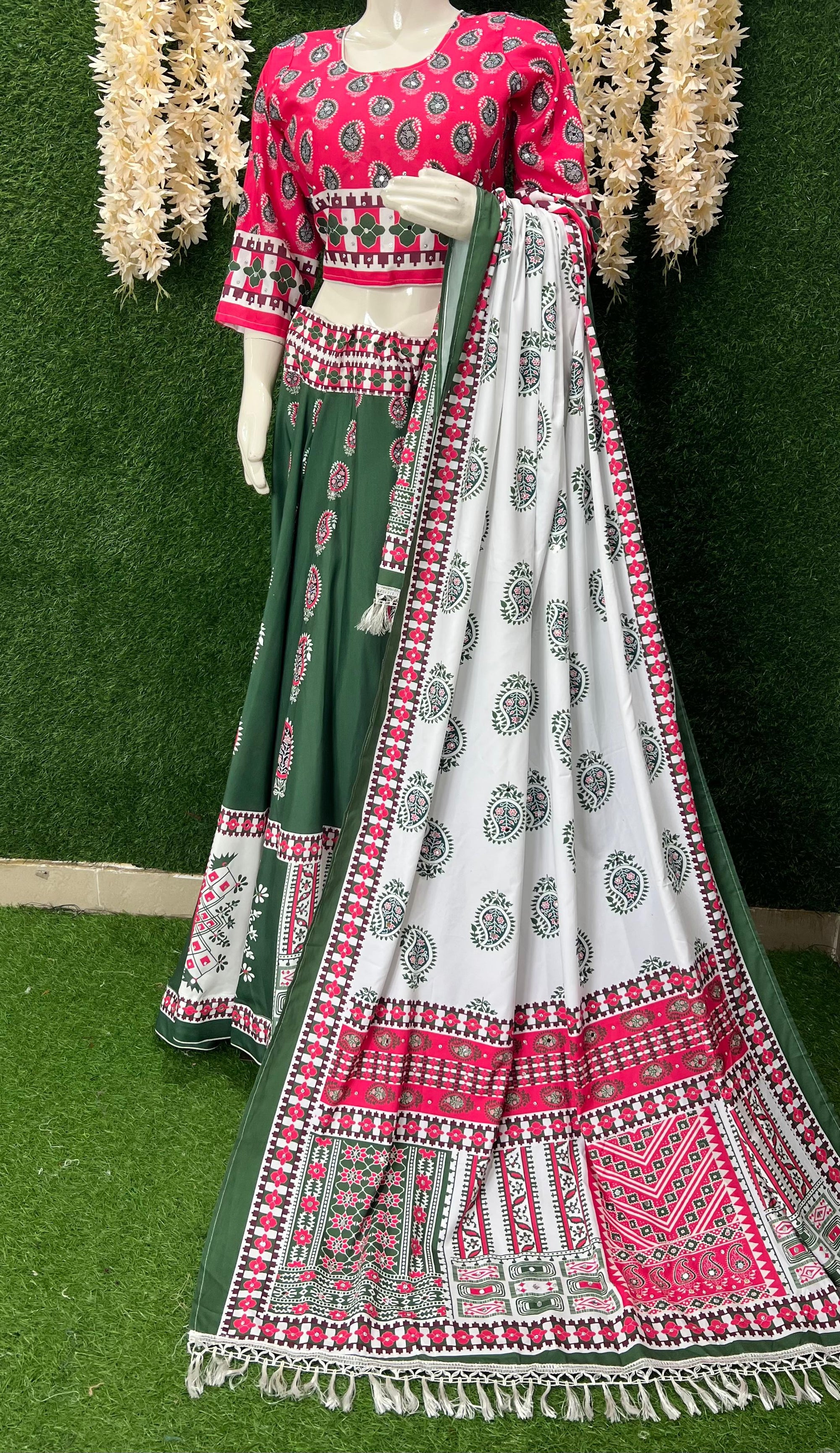 Traditional Green & Pink Ajrakh Printed Caniya Choli with Dupatta – Festive Wear for Women