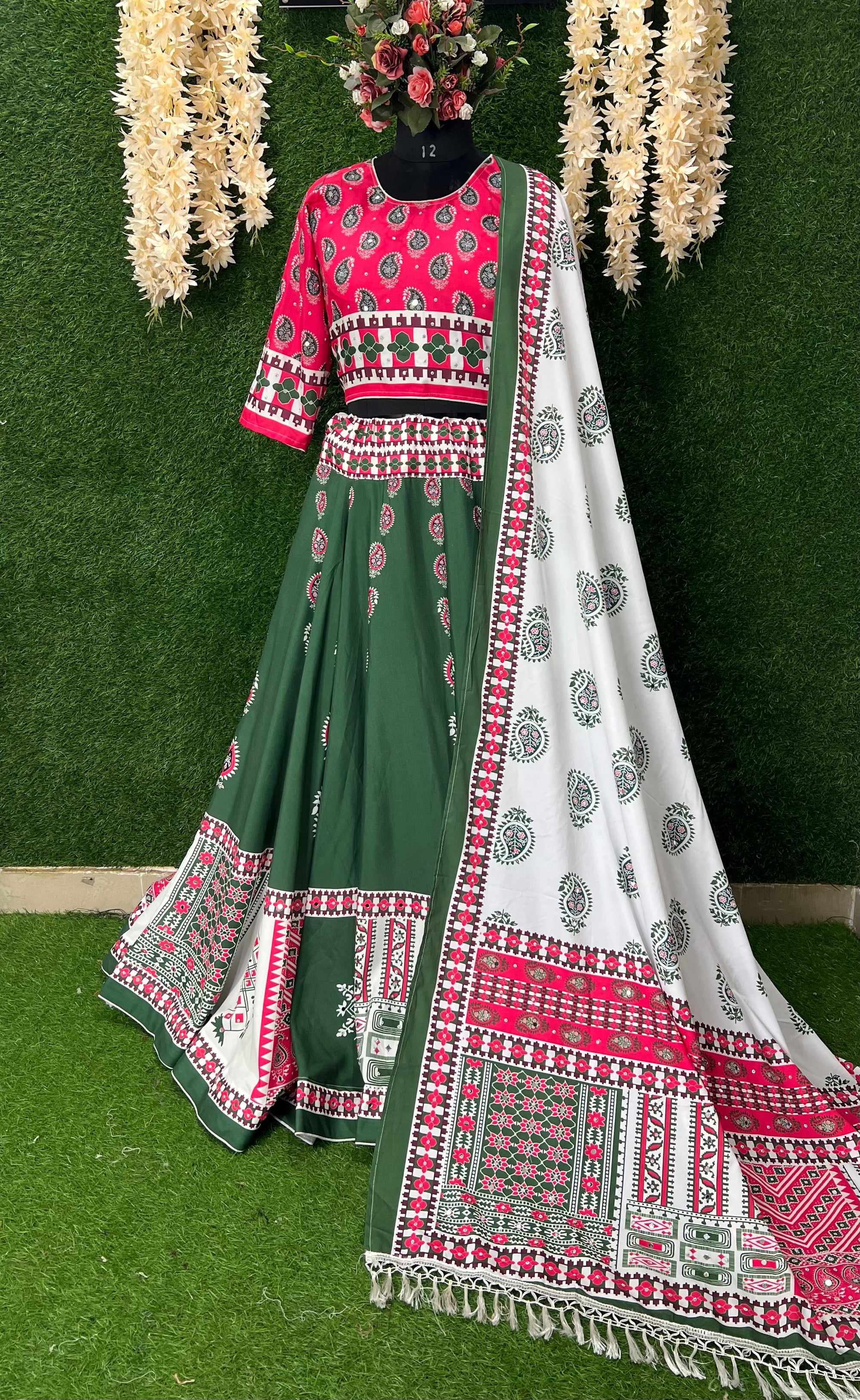 Traditional Green & Pink Ajrakh Printed Caniya Choli with Dupatta – Festive Wear for Women