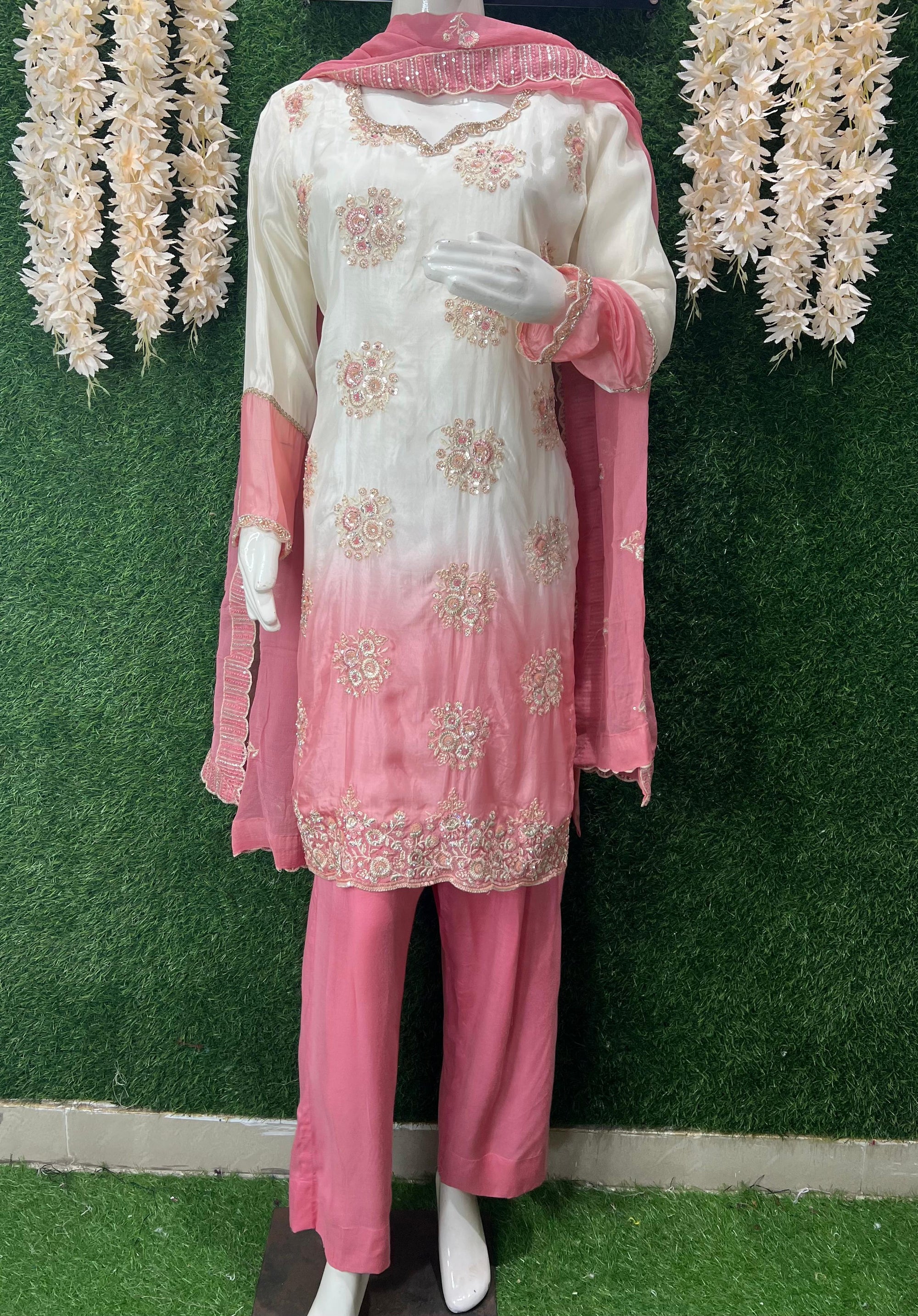 Pink & White Ombre Embroidered Suit Set with Dupatta