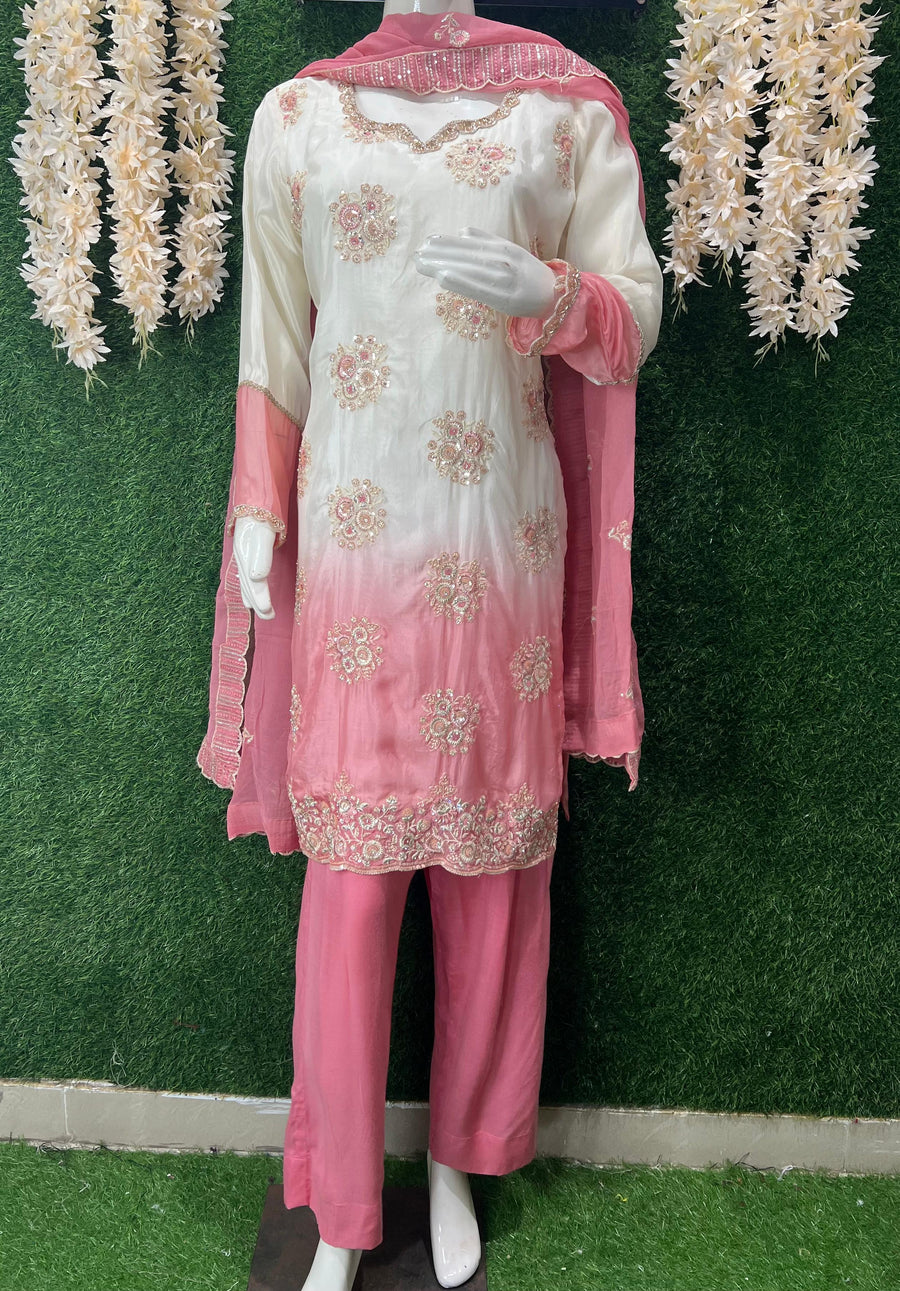 Pink & White Ombre Embroidered Suit Set with Dupatta