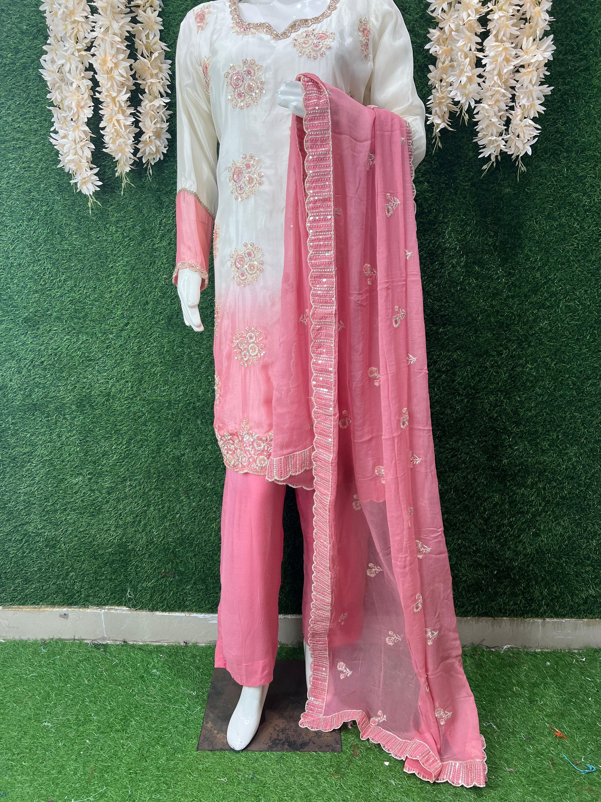 Pink & White Ombre Embroidered Suit Set with Dupatta