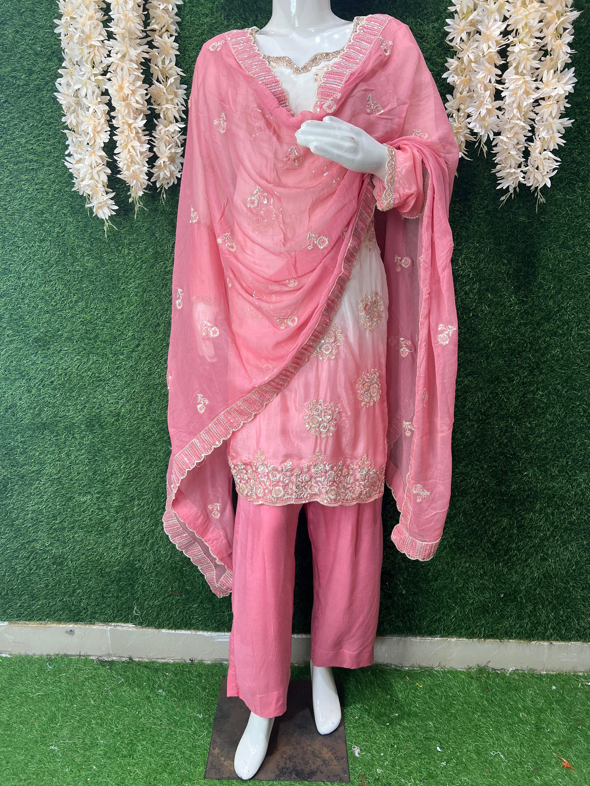 Pink & White Ombre Embroidered Suit Set with Dupatta