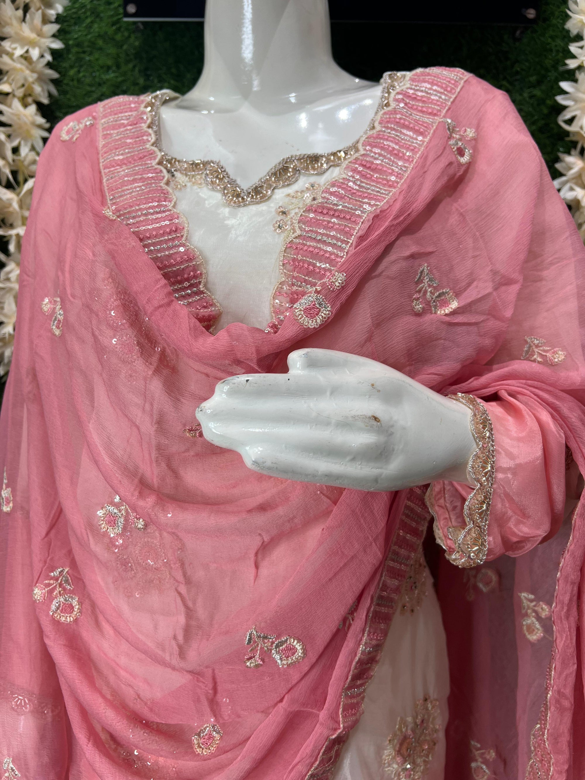 Pink & White Ombre Embroidered Suit Set with Dupatta