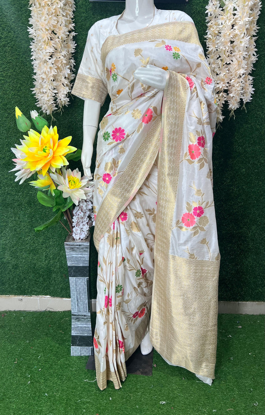 White Banarasi Saree with Golden Zari Border & Multicolor Floral Weaving