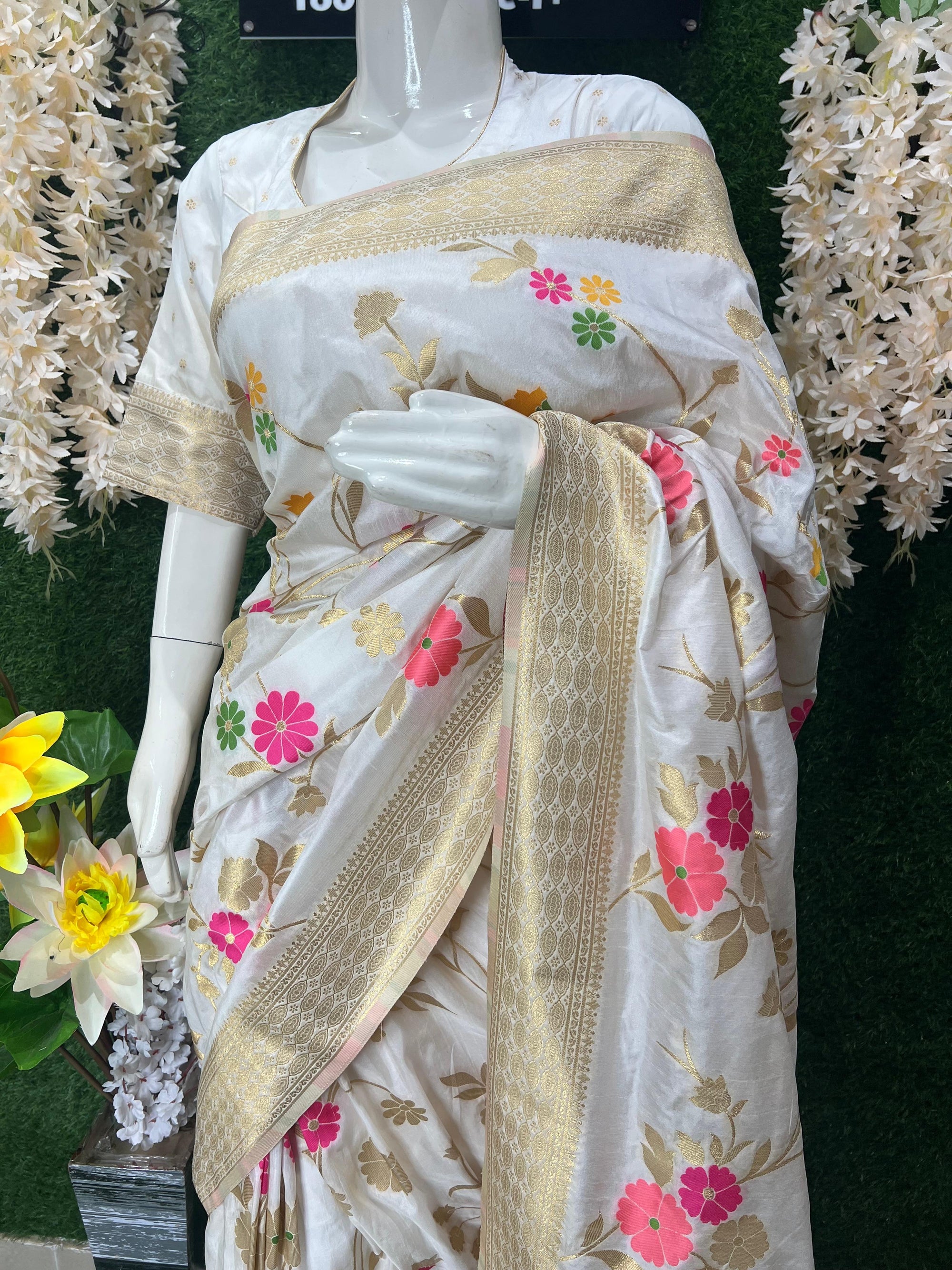 White Banarasi Saree with Golden Zari Border & Multicolor Floral Weaving