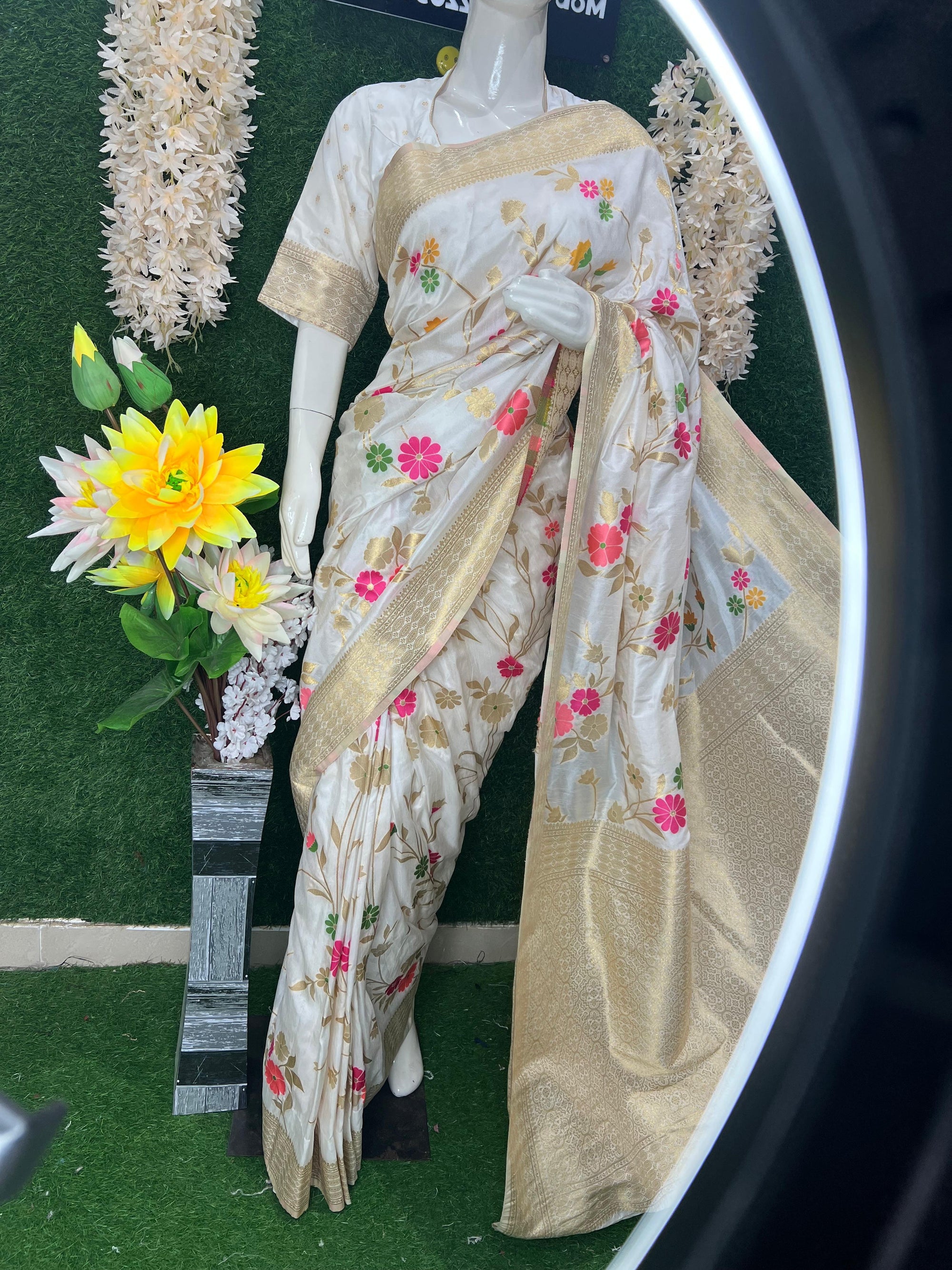 White Banarasi Saree with Golden Zari Border & Multicolor Floral Weaving