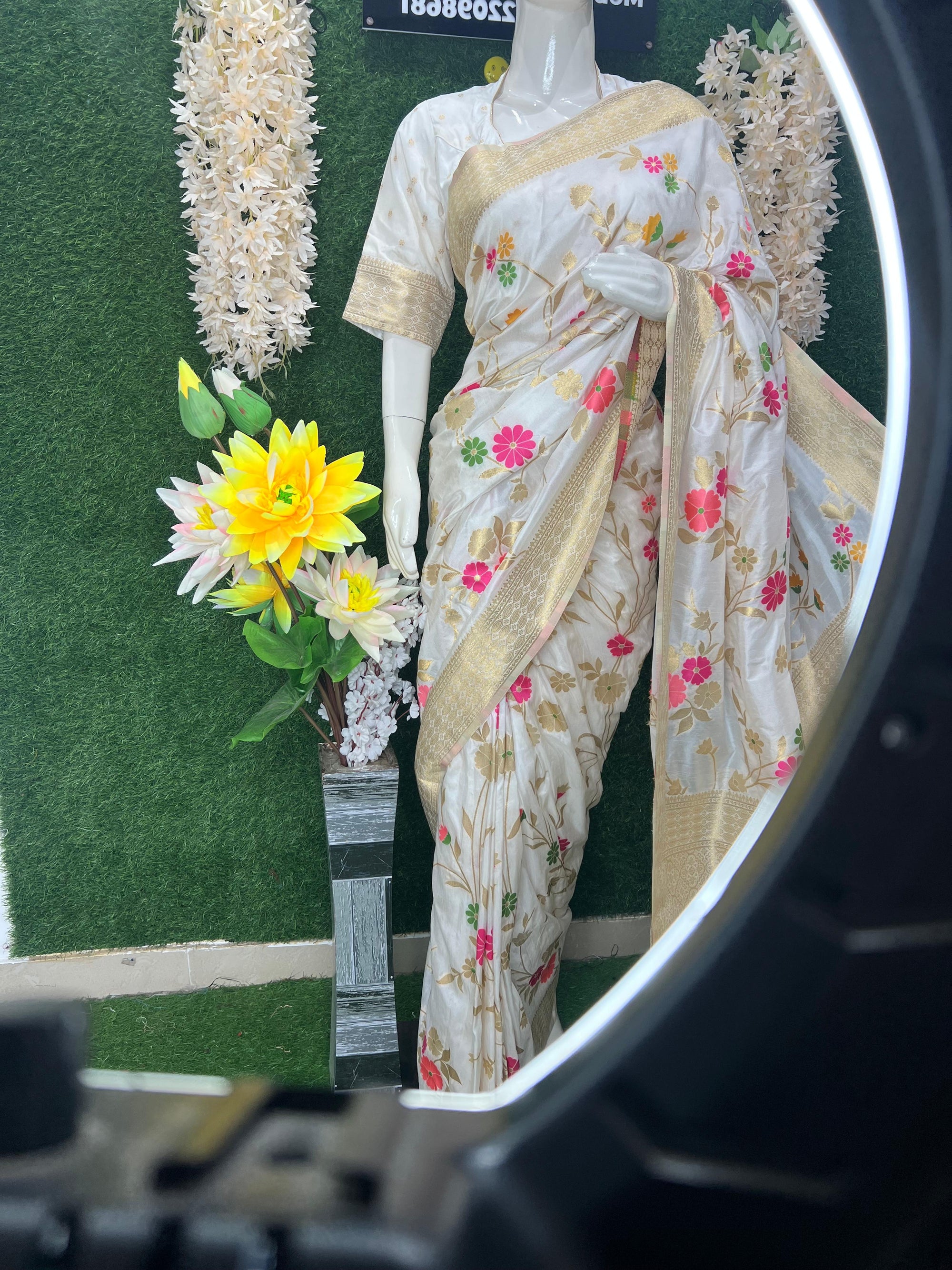 White Banarasi Saree with Golden Zari Border & Multicolor Floral Weaving