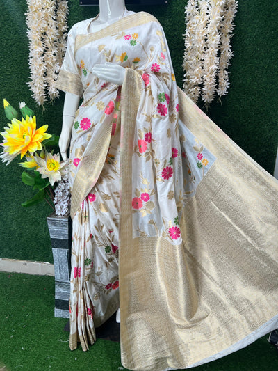 White Banarasi Saree with Golden Zari Border & Multicolor Floral Weaving