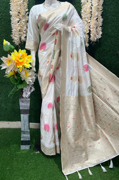 White Banarasi Saree with Golden Zari Border & Multicolor Floral Weaving