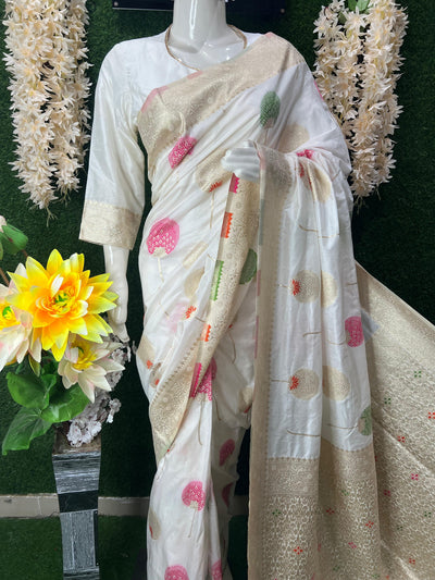 White Banarasi Saree with Golden Zari Border & Multicolor Floral Weaving