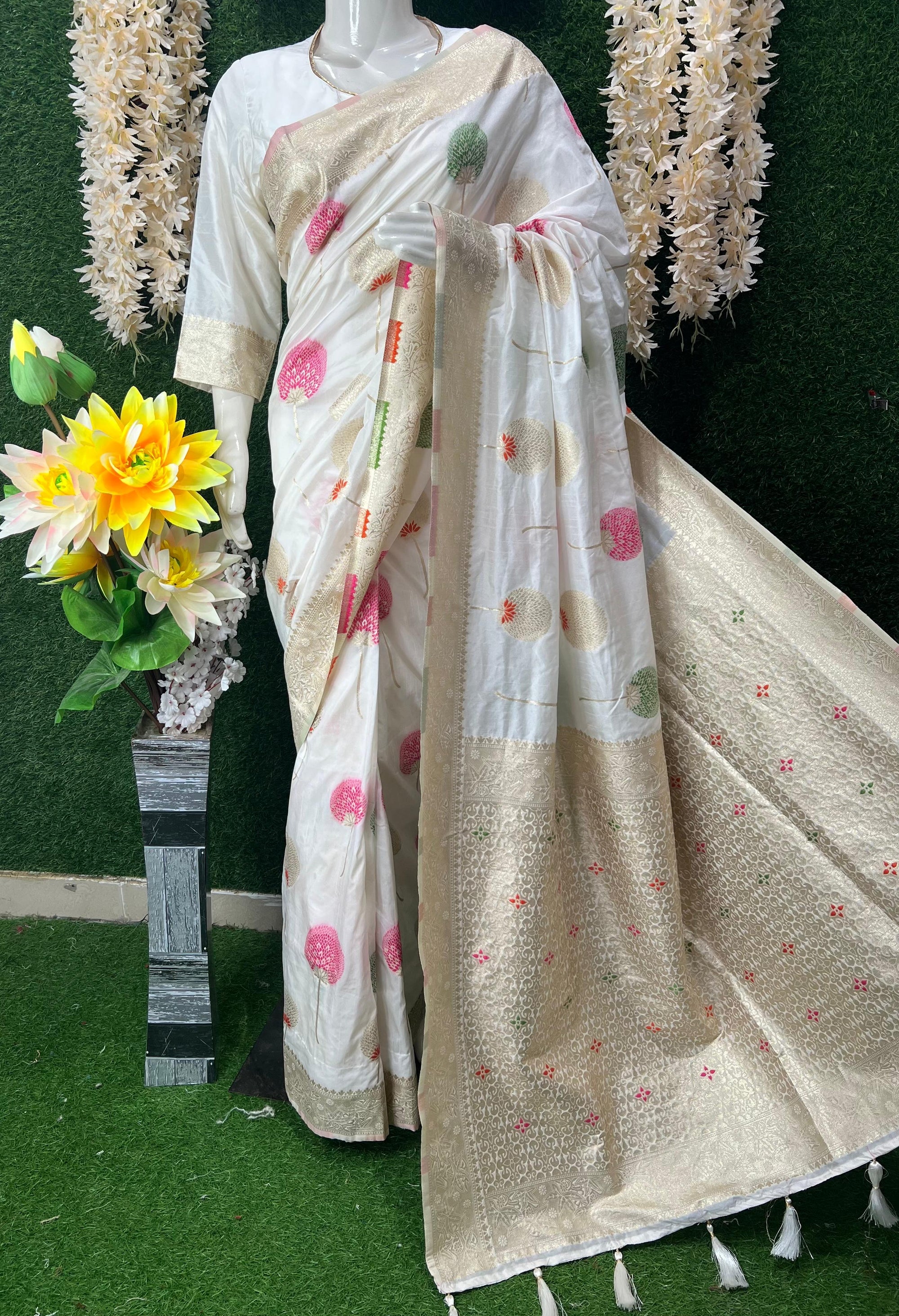 White Banarasi Saree with Golden Zari Border & Multicolor Floral Weaving