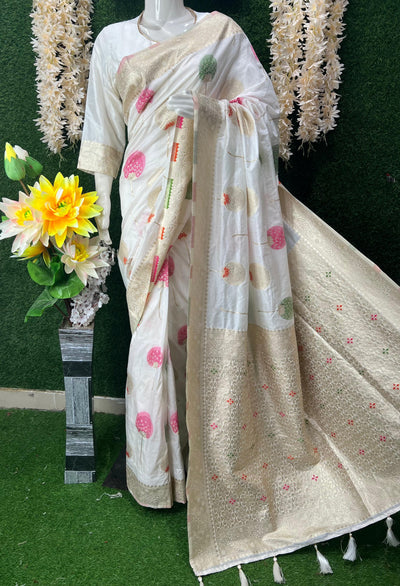 White Banarasi Saree with Golden Zari Border & Multicolor Floral Weaving