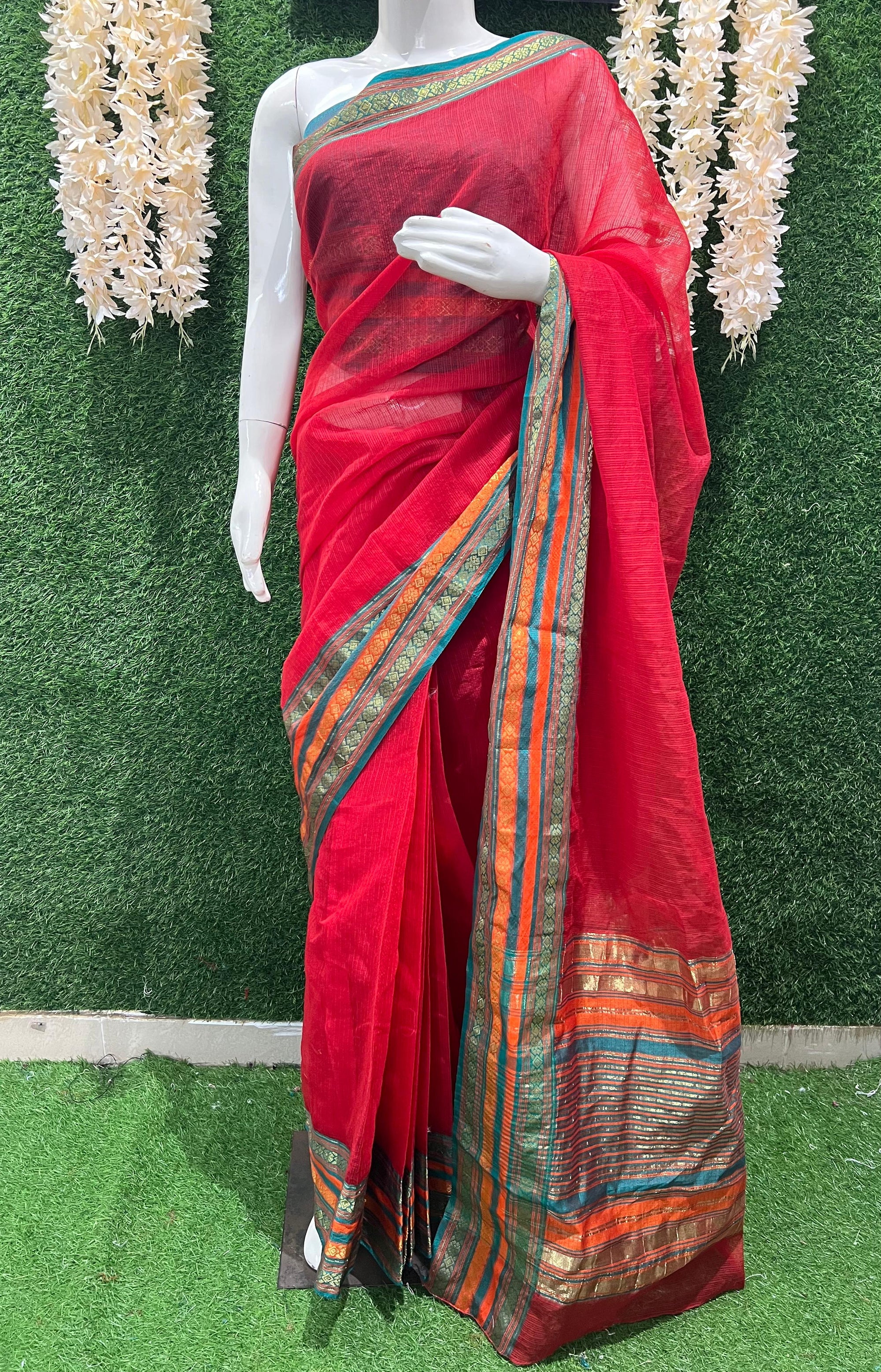Beautiful red kota doria cotton with manipuri border wrap in 1 minute saree