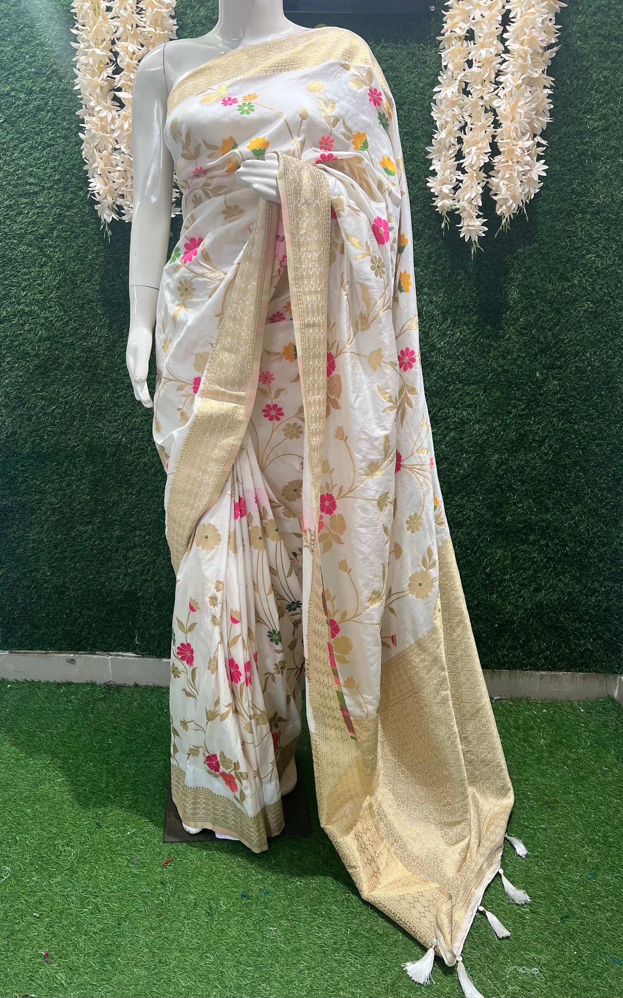 White Banarasi Saree with Golden Zari Border & Multicolor Floral Weaving