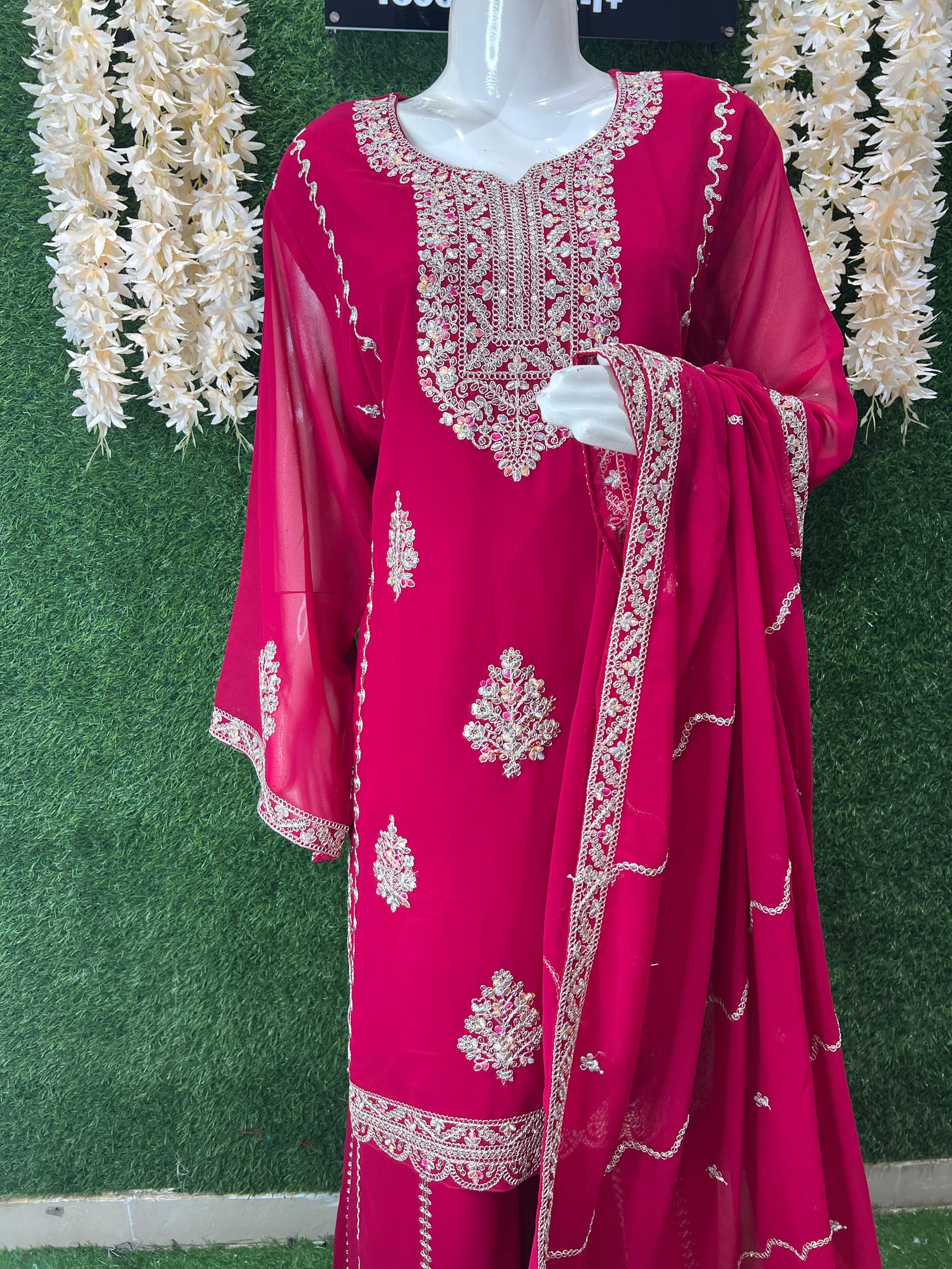 Elegant Embroidered Straight Kurta with Sharara & Dupatta