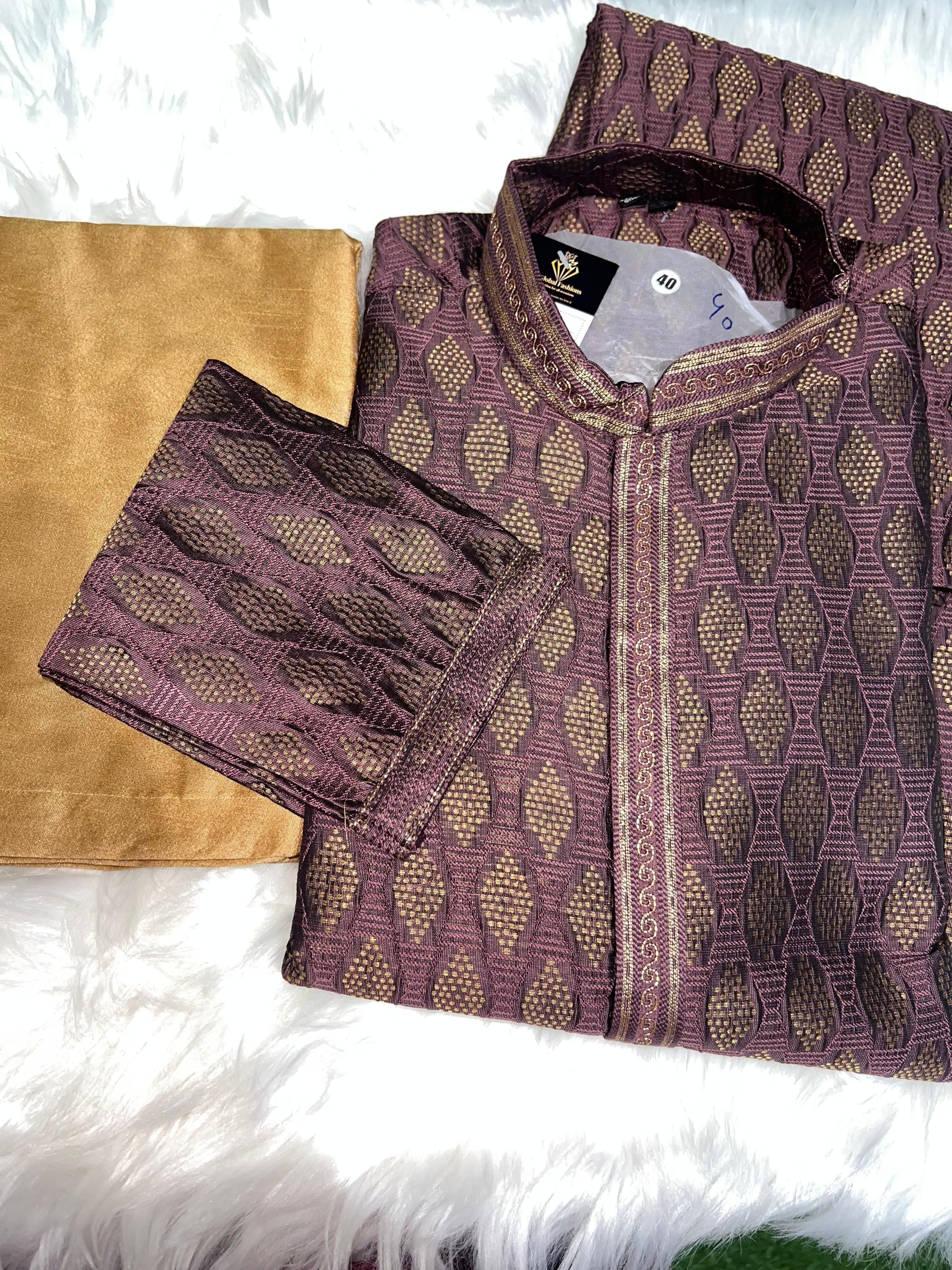 Men’s Silk Jacquard Kurta Pajama Set with Copper Zari Weave & Full Lining