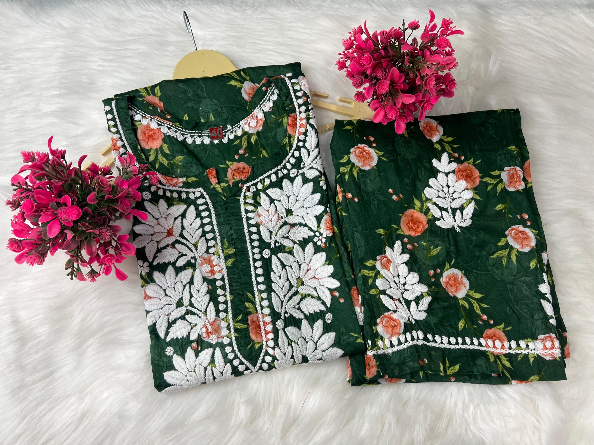 Lucknowi Chikankari Mul Print Suit Set with Intricate Handwork