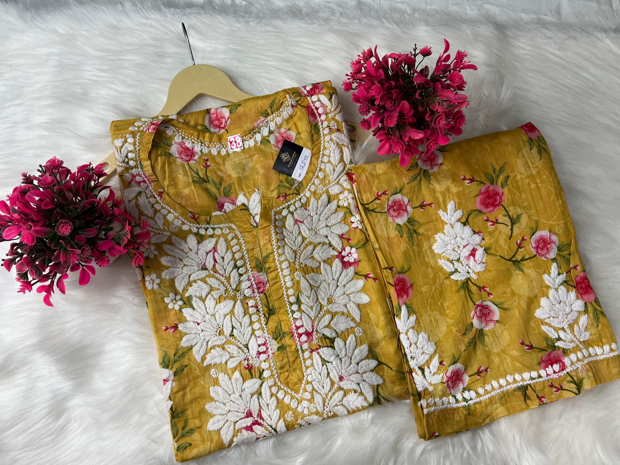 Lucknowi Chikankari Mul Print Suit Set with Intricate Handwork