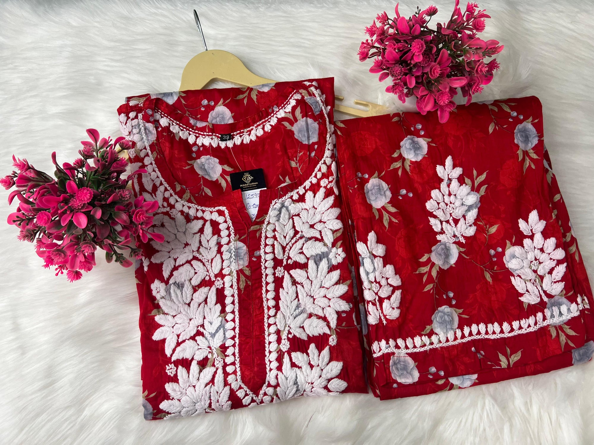 Lucknowi Chikankari Mul Print Suit Set with Intricate Handwork