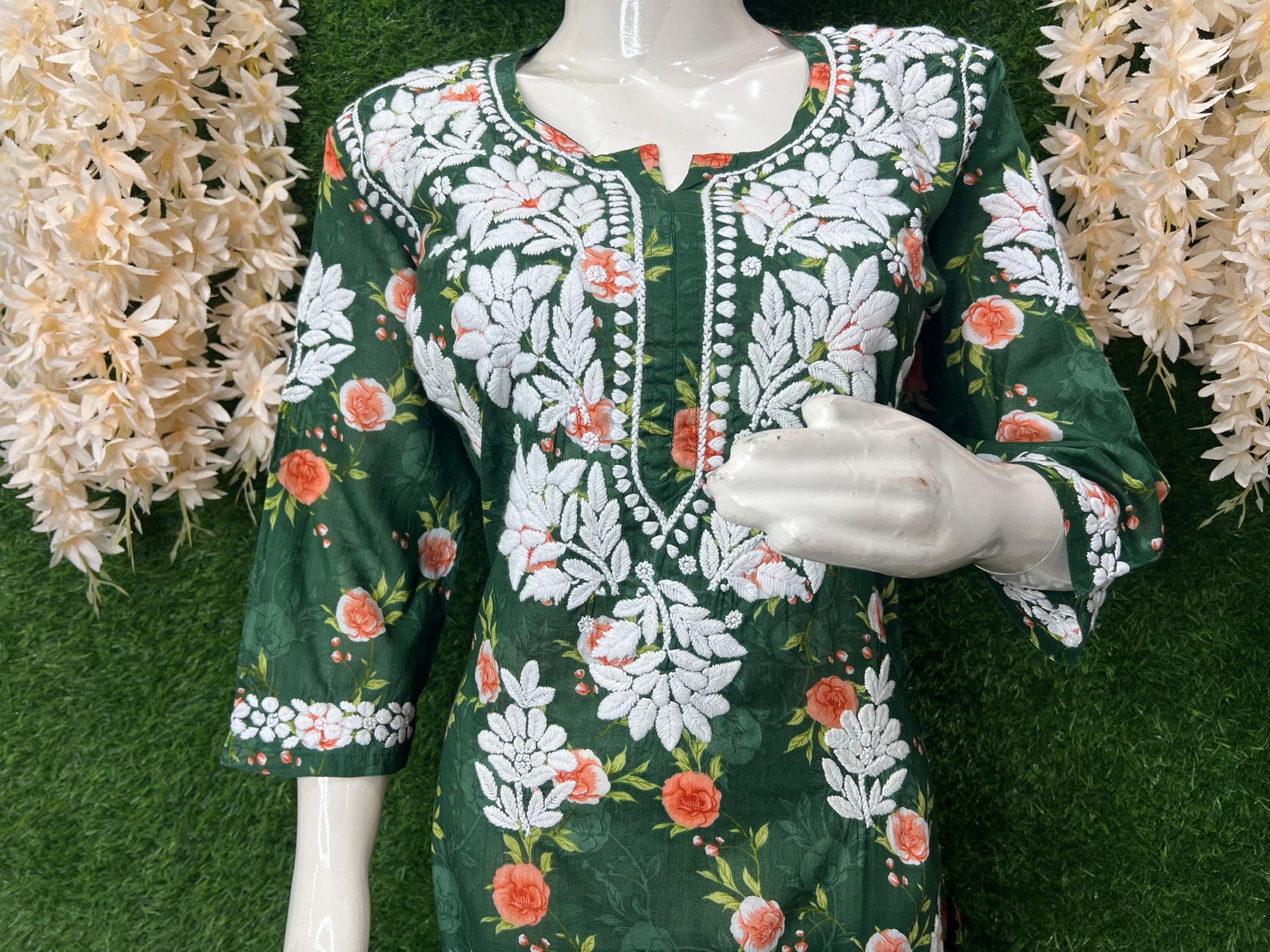 Lucknowi Chikankari Mul Print Suit Set with Intricate Handwork