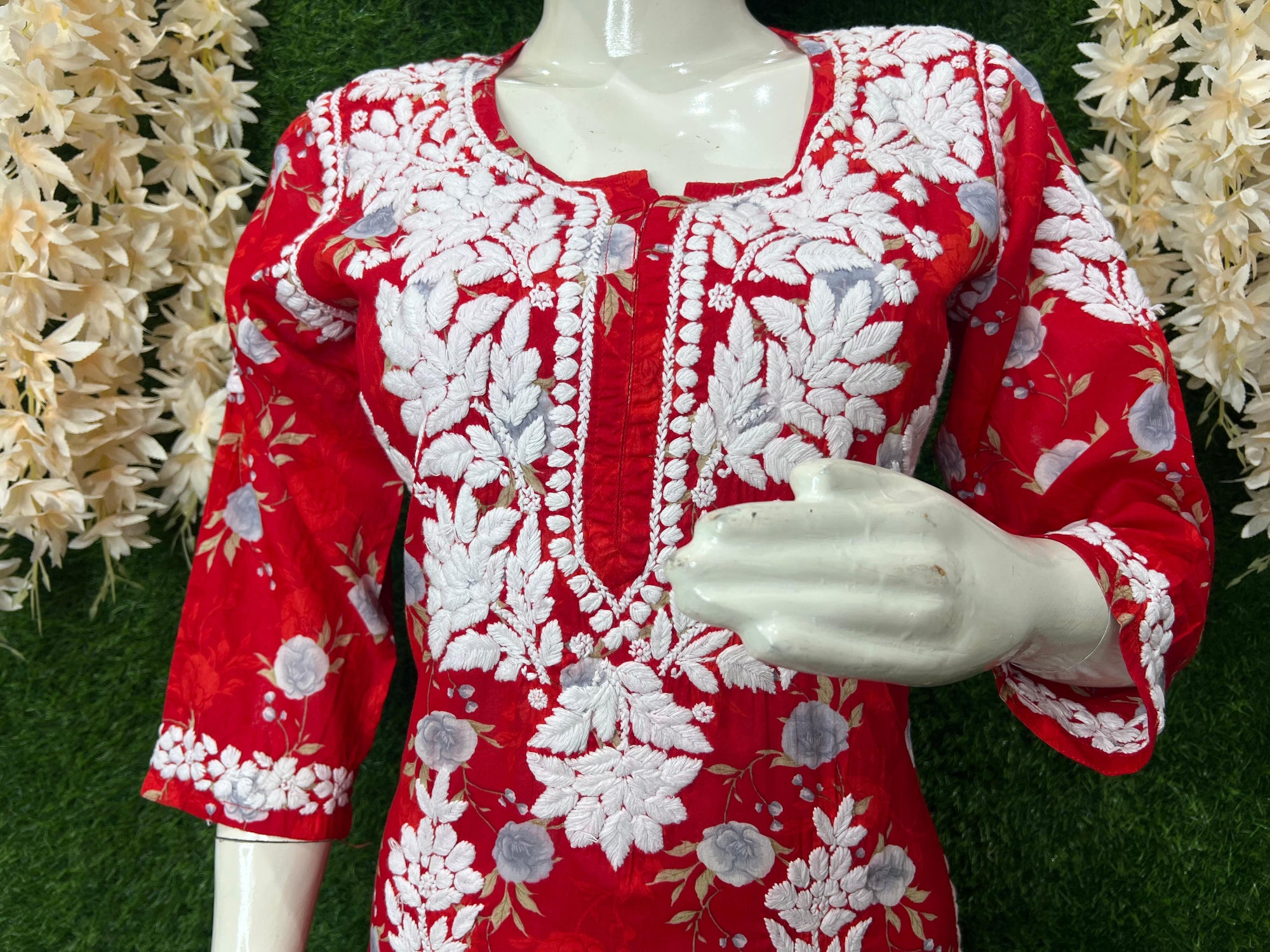 Lucknowi Chikankari Mul Print Suit Set with Intricate Handwork