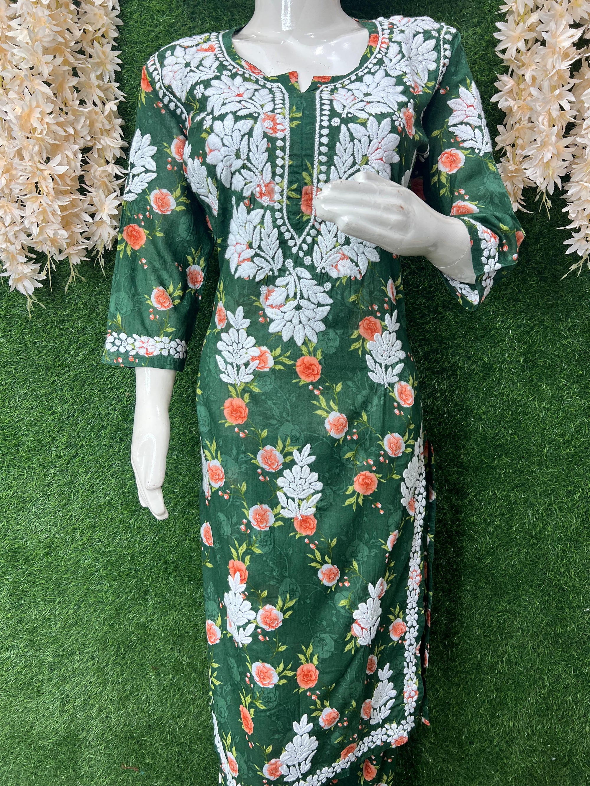 Lucknowi Chikankari Mul Print Suit Set with Intricate Handwork